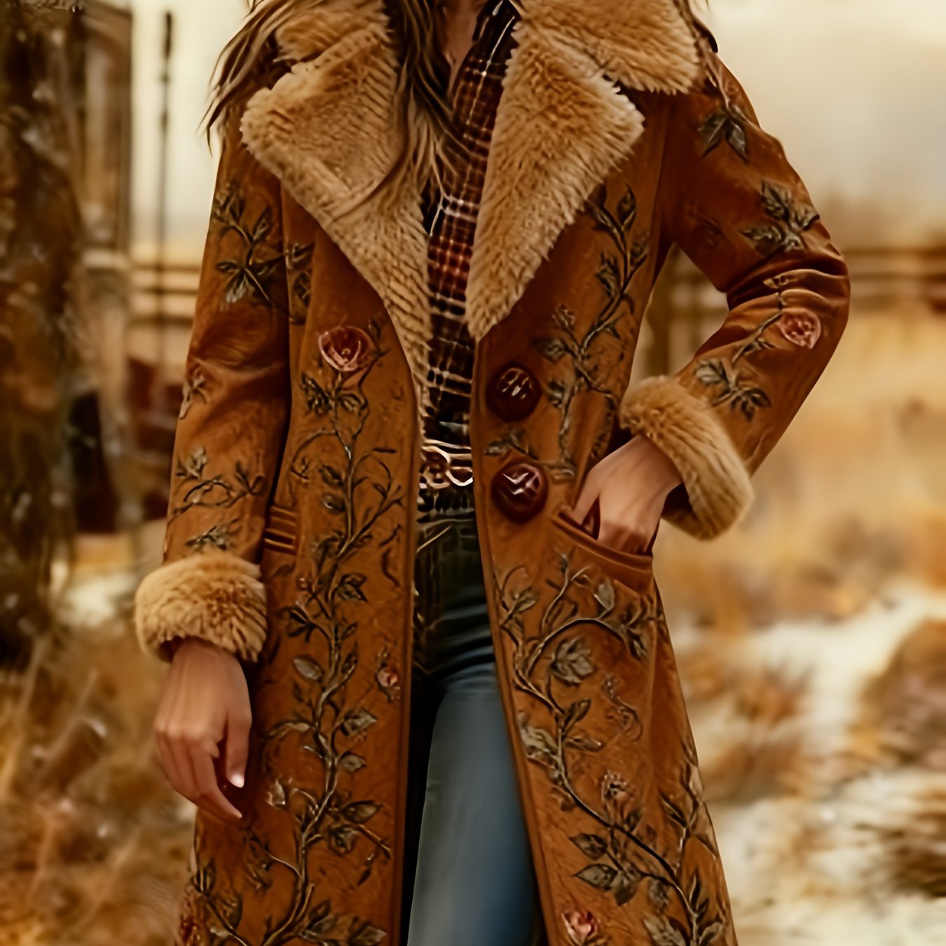 Printed Design Not Textured Ladies' Western Retro Style Autumn And Winter Warm Long-sleeved Retro Printed Jacket Coat - Western Printed Jacket Lapel Coat