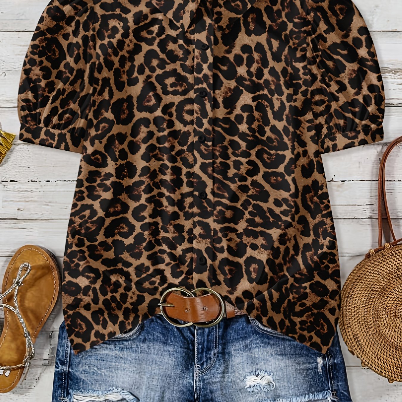 E-shop Plus Size, Damenhemd Frühling Sommer Neu Locker Casual Cardigan Leopard Print Bubble Kurzarm Kragenbluse