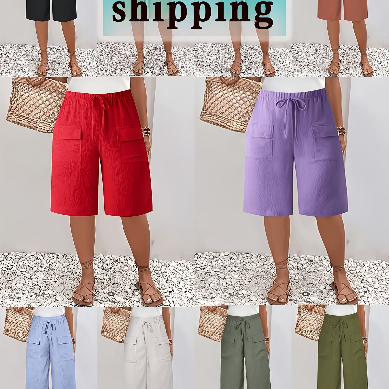 TEMU Ladies' Casual Workwear, Hot Pants, Elastic High Waist Drawstring, Wide Leg, Knee-length Shorts, Multi-pocket Loose Shorts, Color, Random 1pc