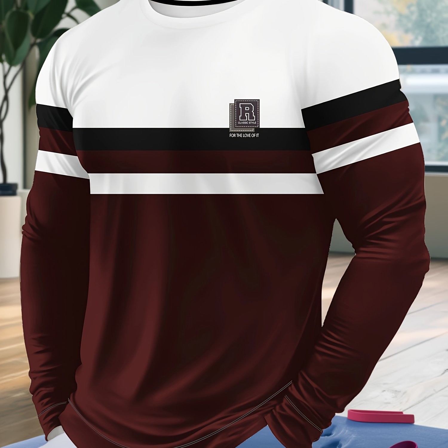 TEMU Men's Plus Size Printed Crew Neck Sweatshirt, Breathable And Comfortable, Suitable For Casual And Sportswear, Plus Size, Long Sleeve, Striped,