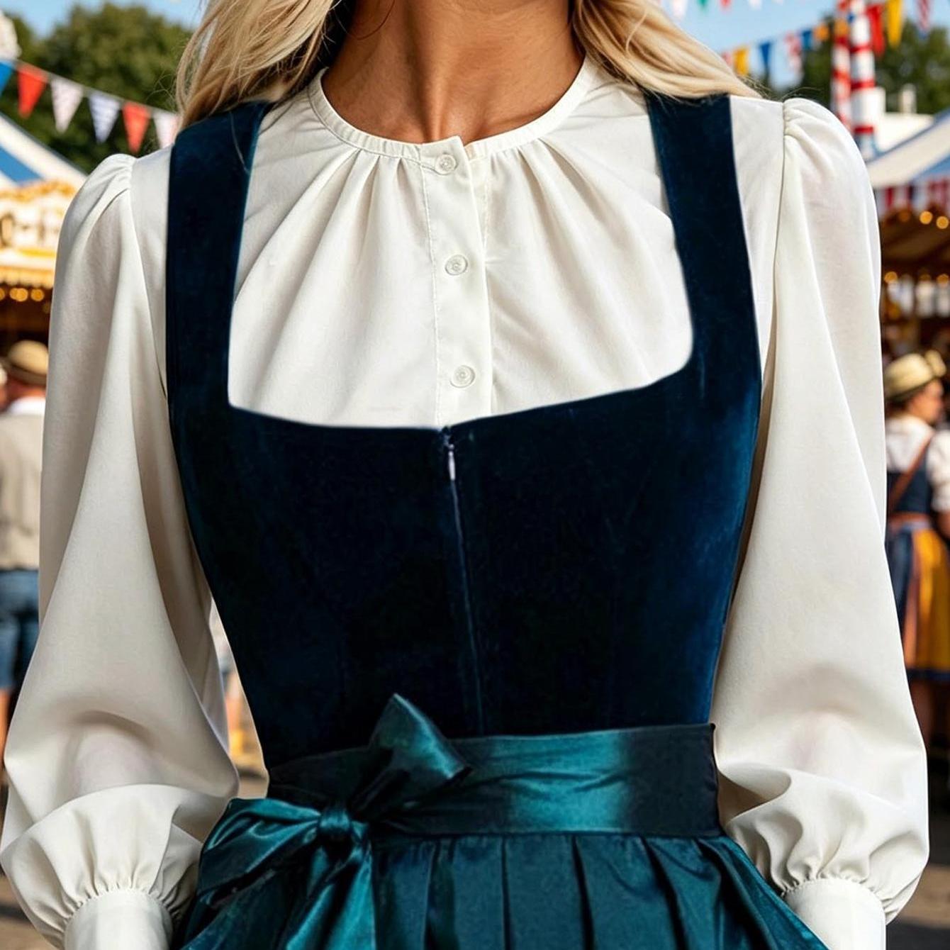 Image of Women Crew Neck Pleated Puff Long Sleeve Cropped Blouse Button Front Elastic Waist Hem Casual Oktoberfest Beer Festival Dirndl Crop Top Shirt