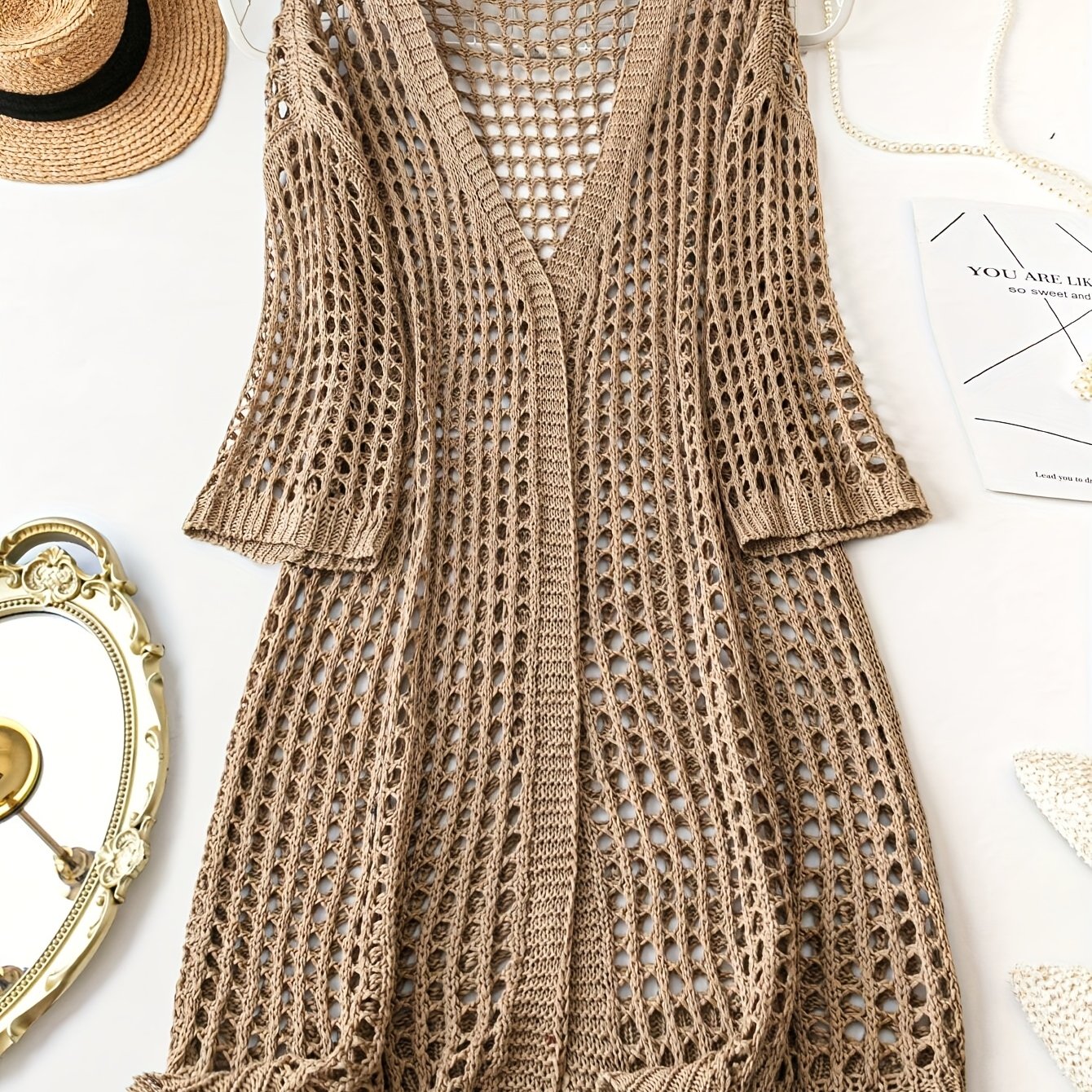 TEMU Chaleco elegante de cuello en V de color beige - , transpirable y tejido de punto para mujeres, ideal para /verano/otoño, chal versátil con detalles de tejido abierto.