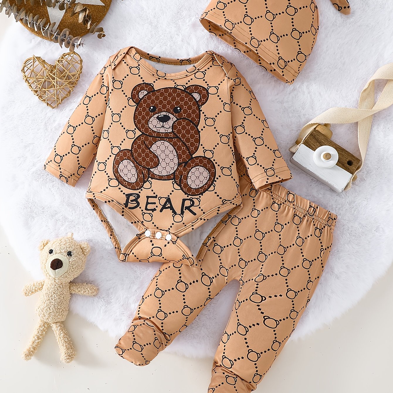 E-shop Baby Jungen Cartoon Bär Gestreiftes Strampler + Set + Baby Mütze, Geeignet für Frühling und Herbst, zum Krabbeln und für Ausflüge, für Draußen