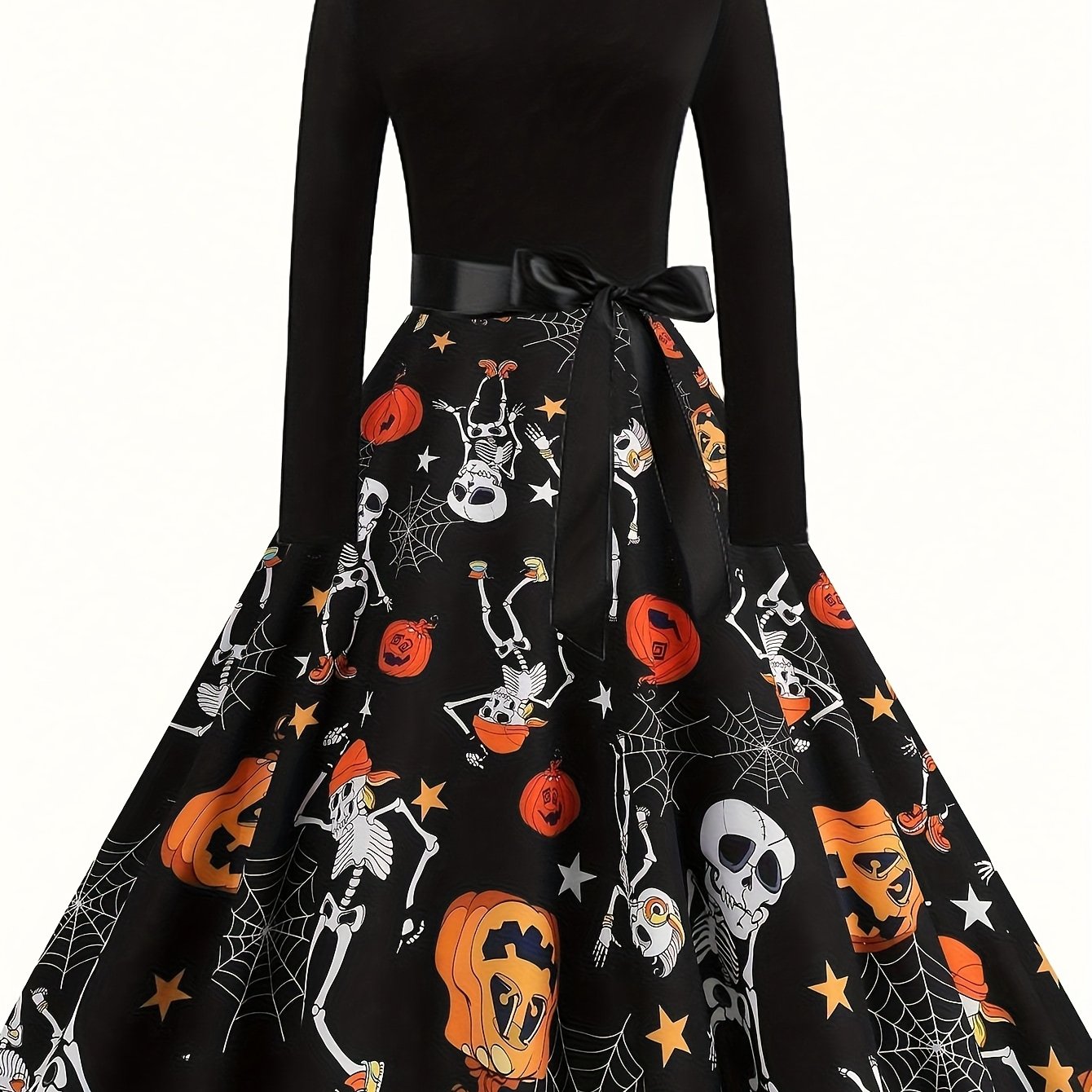 Image of Vintage Halloween Pumpkin Print Round Neck High Waist Spliced Long Sleeve Flared Dress With Ribbon