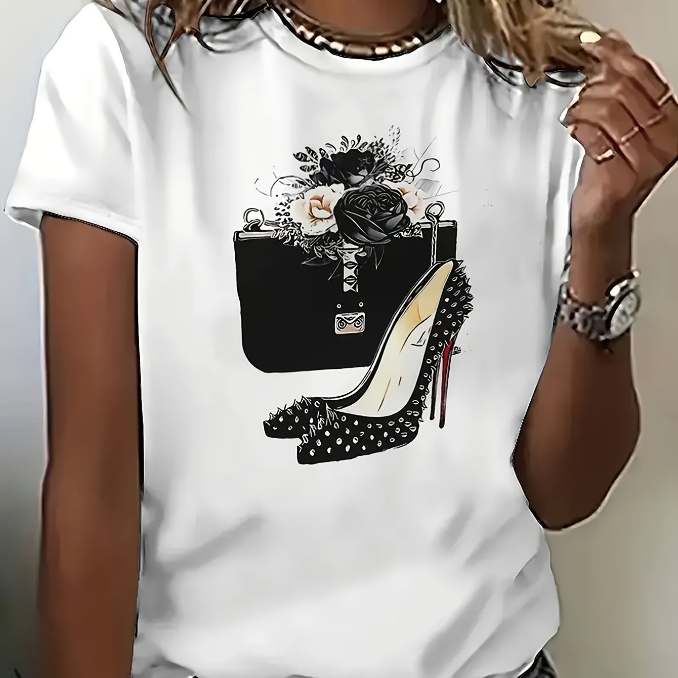 TEMU Women's Fashion T-shirt With Sweet Wallet And High Heels Print, Casual Short Sleeve Round Neck Top