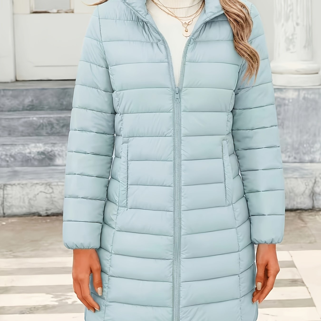 TEMU Women's Long Collar Slim-fit Outerwear - Stylish Women's Jacket - Double Zipper Closure - Lightweight And Warm - Winter Coat - Thickened