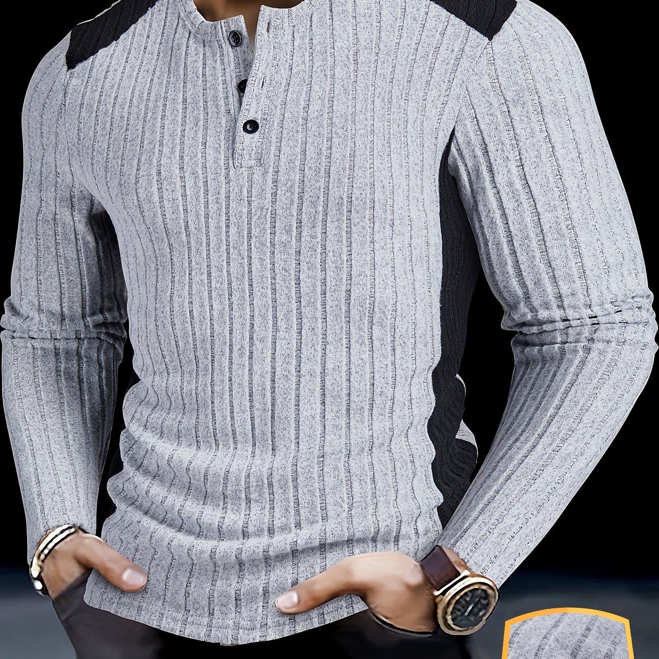 Men's Slim-fit Textured Ribbed Henley Shirt - Color-block Contrast Long Sleeve Pullover, Machine Washable Round Neck Casual Top For Autumn/winter Outdoor & Casual Attire, Medium Elasticity Fabric