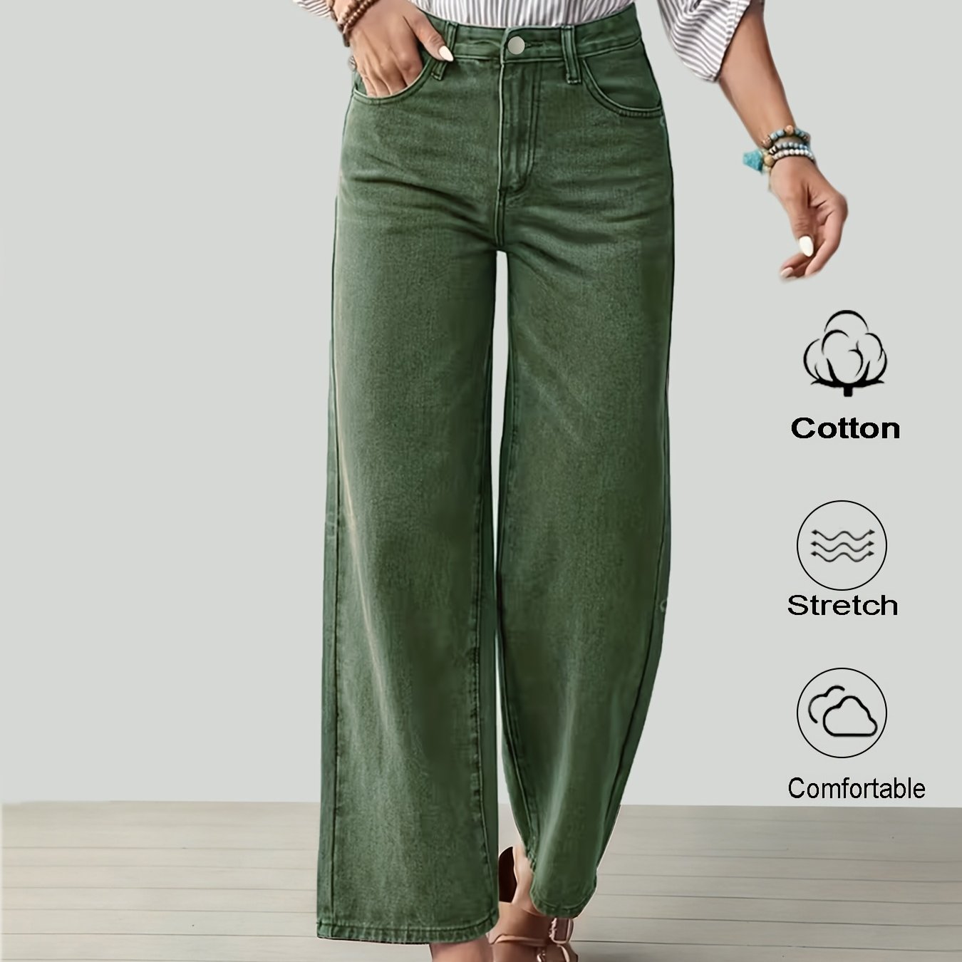 Image of Women's 2026 Loose Wide-leg Military Green Jeans, Washed Solid Color Denim Long Pants With Pockets, Classic And Elegant Women's Versatile , Comfortable Casual Trousers, Suitable For , Loose Pants