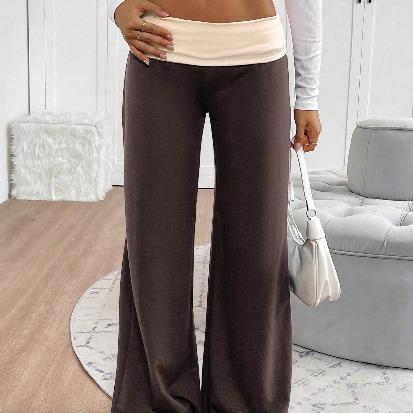 TEMU Autumn Winter Directional Style Women's Casual Color-block Over-the-waist Wide-leg Pants