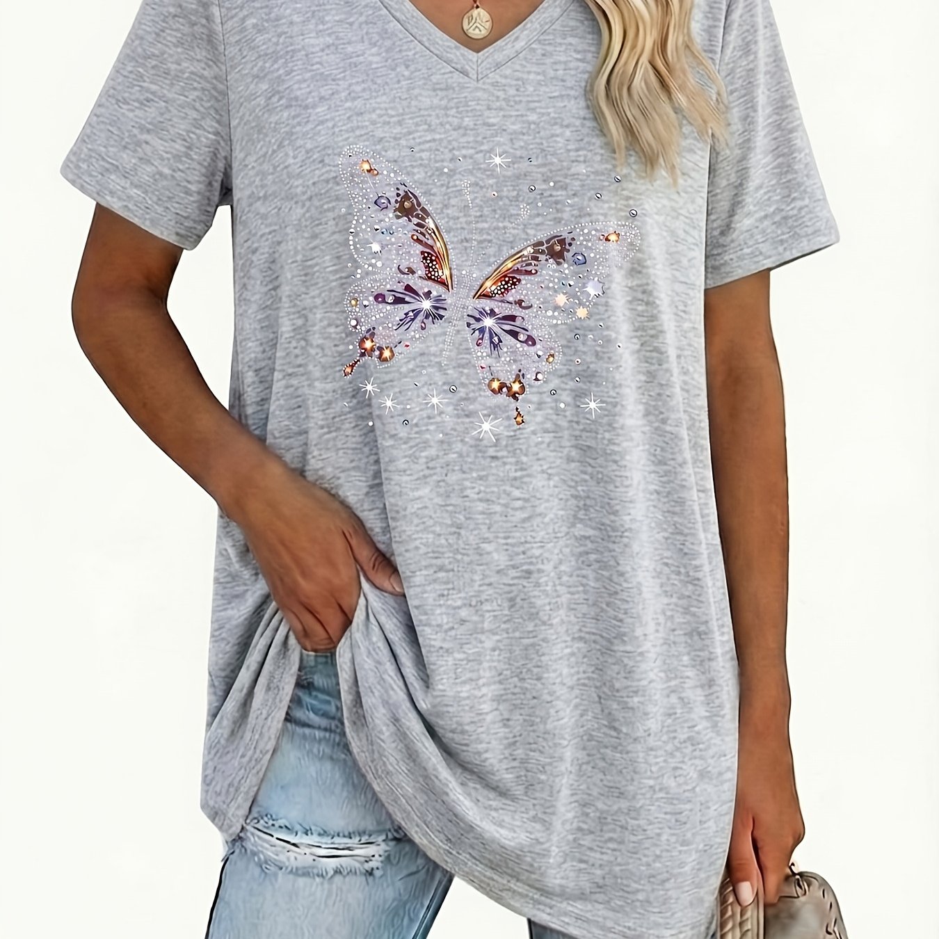 TEMU Plus Size Women's V-neck Geometric Pattern T-shirt