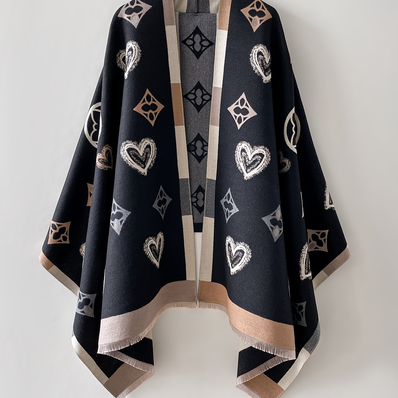 TEMU Plus Size - Reversible Contrast Heart Diamond Shawl Valentine's Western Date And Party Warm Outerwear Daily Casual And Fashionable