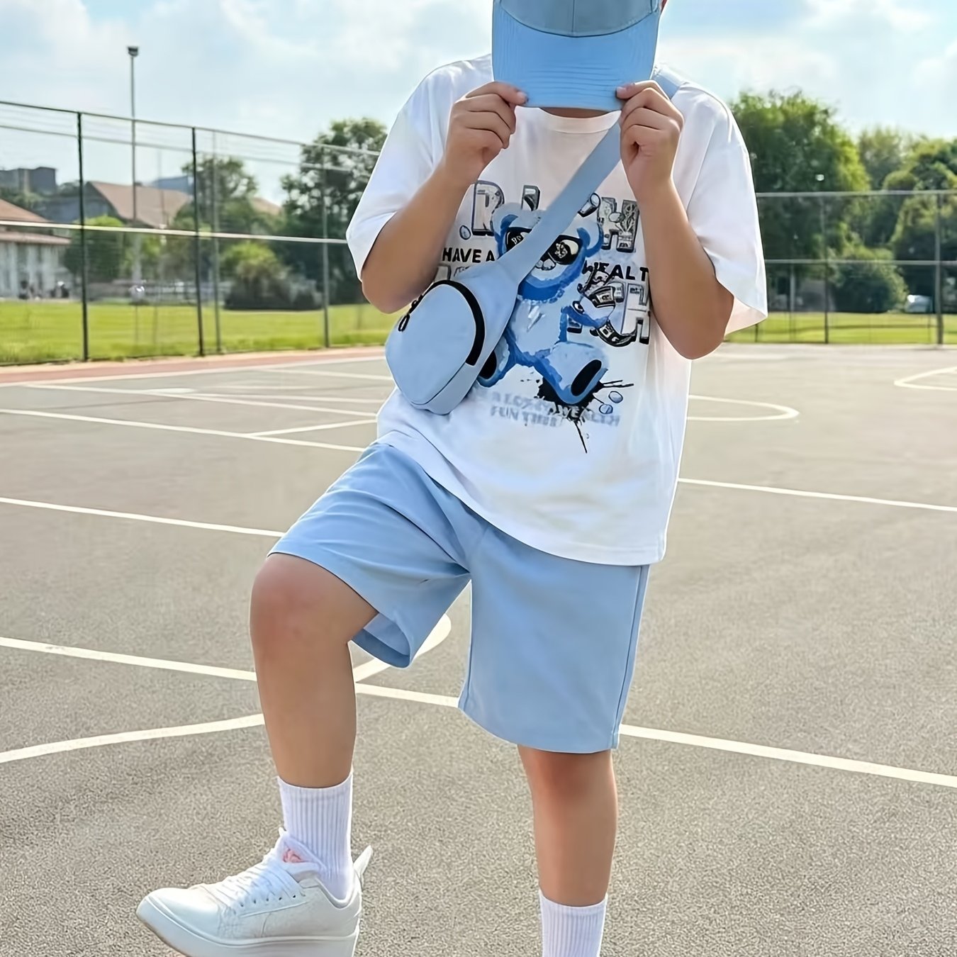 TEMU Two-piece Cute Bear-pattern T-shirt And Blue Shorts, Spring And Summer Casual Set, Summer Outfit (the Crossbody Bag Is As A Matching Item), For