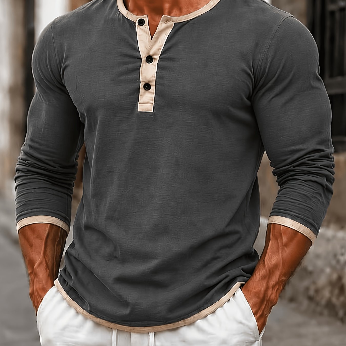 Image of 's Vintage Color-block Linen Henley Long Sleeve Shirt, Breathable & Relaxed Fit Casual Button-up Top For Spring, Fall & Winter, Perfect For Outdoor, Work, Home & Parties (s-xxxl)
