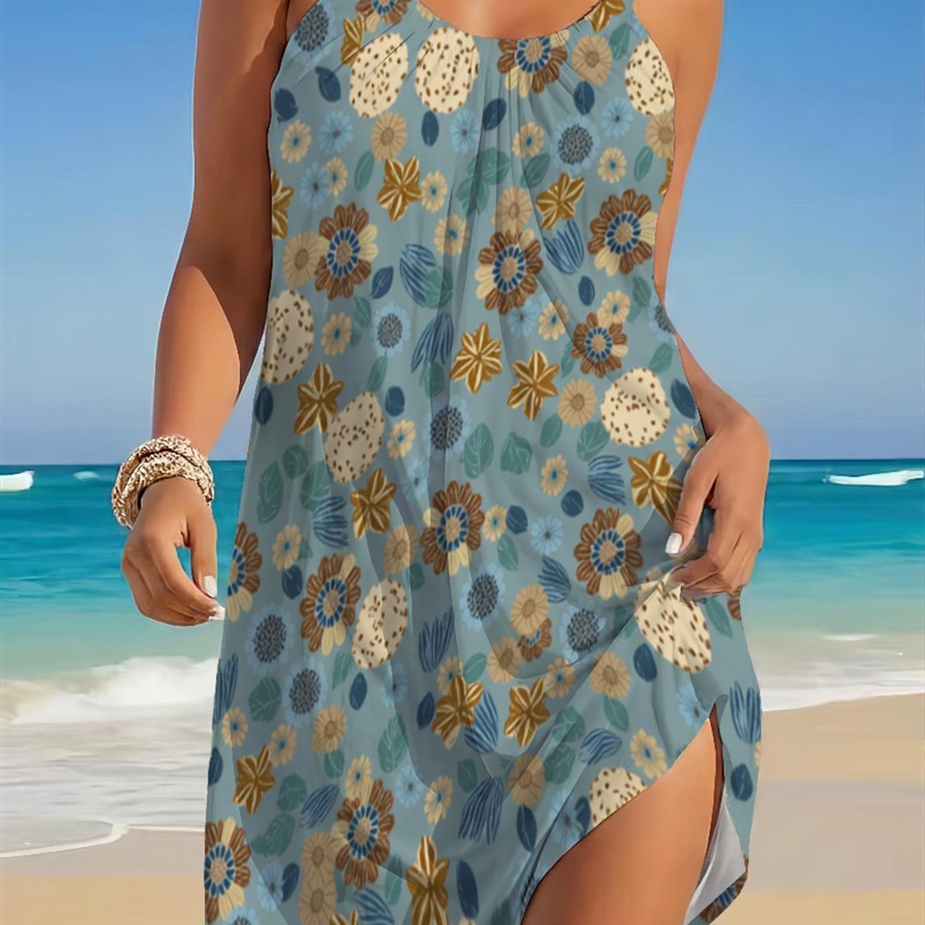 Image of Women's Retro Botanical Print Halter Dress - Earthy Floral Pattern With Teal Accents On Dusty