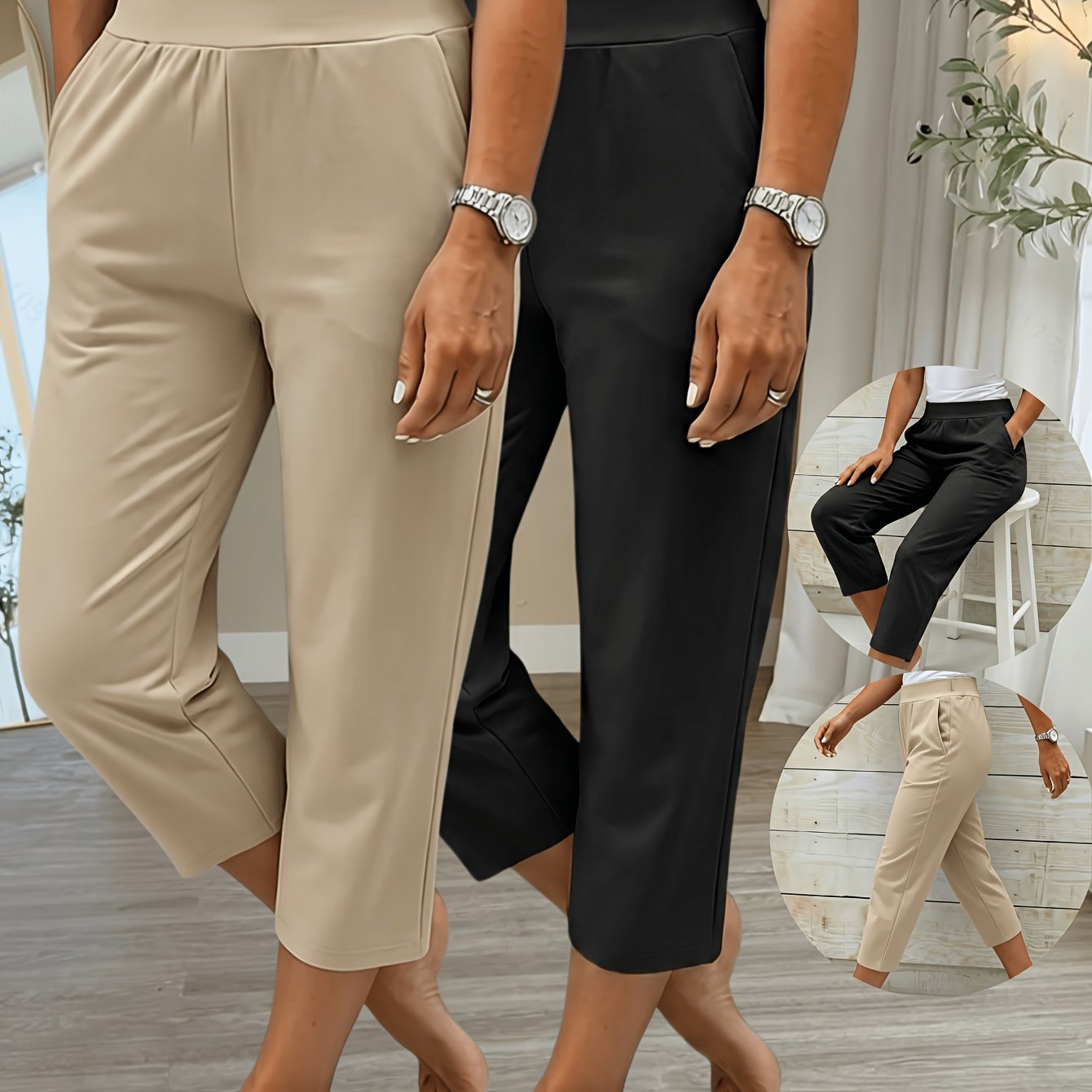 TEMU [2-pack] Women's Lightweight Capri Pants, Elastic Drawstring Waist With Double Pockets - Casual Long Trousers, Spring Summer Comfortable Fashion