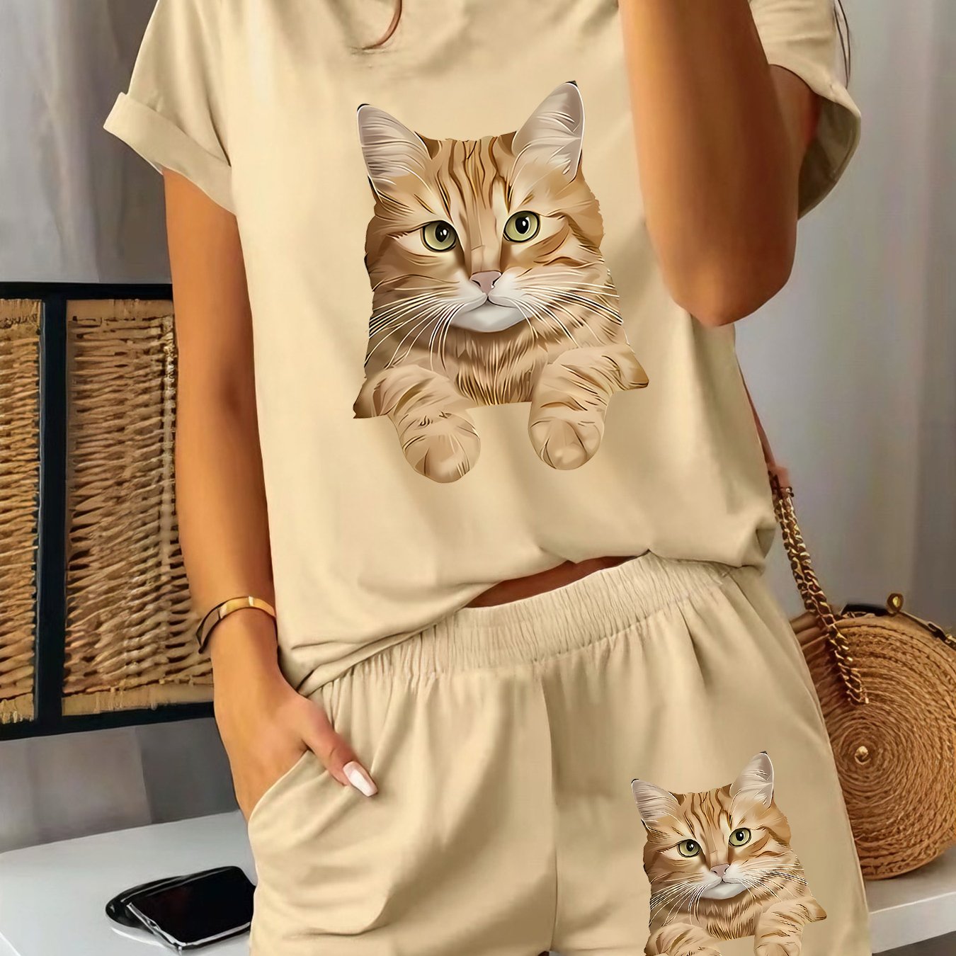 TEMU Mother's Day 2pcs Women's Spring Short Sleeve Setâcute Cat Print, Fun Pattern Print Short Sleeve Shorts Set, Comfortable, Soft, And Breathable