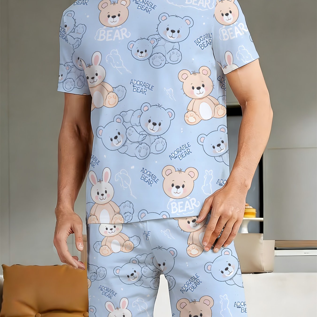 TEMU /summer/autumn Men's Fashion Casual Pajama Set, Short Sleeve And Shorts Comfortable 2pcs Pajamas