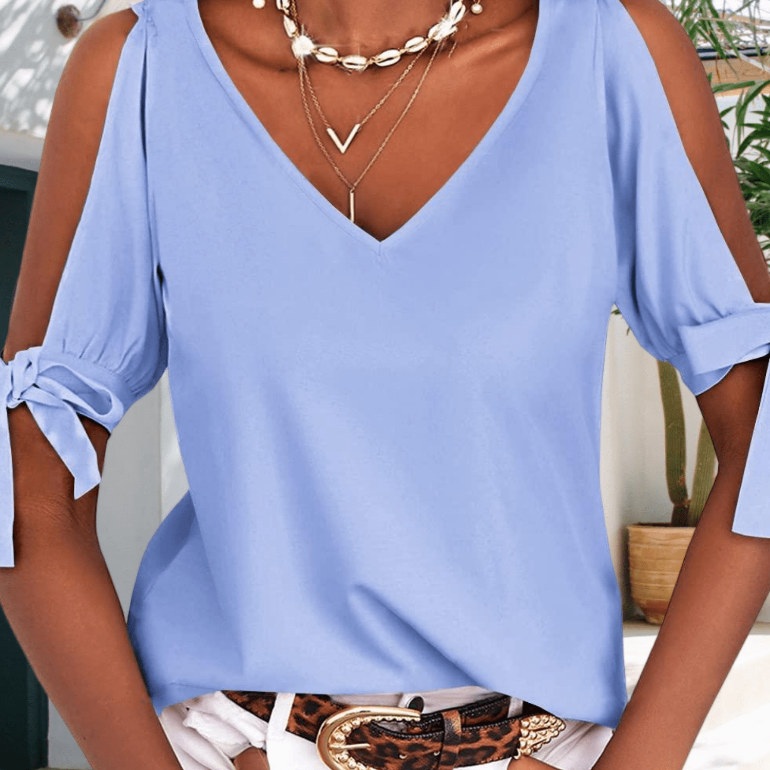 Image of Women's Summer Cold Shoulder V Neck Short Sleeve Cutout Loose Casual Fashion Tshirt Blouse Top | Solid Color