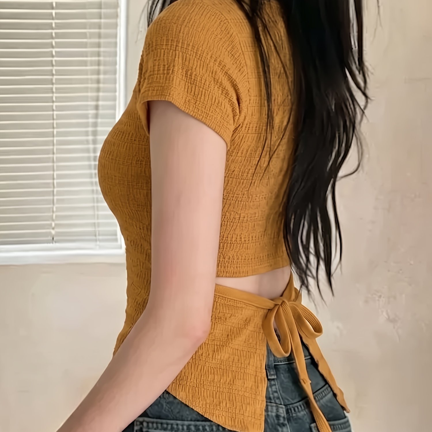 TEMU Korean-style Spicy Back-tie Short-sleeve Top For Women, Textured Slim--revealing Cropped Irregular Niche T-shirt
