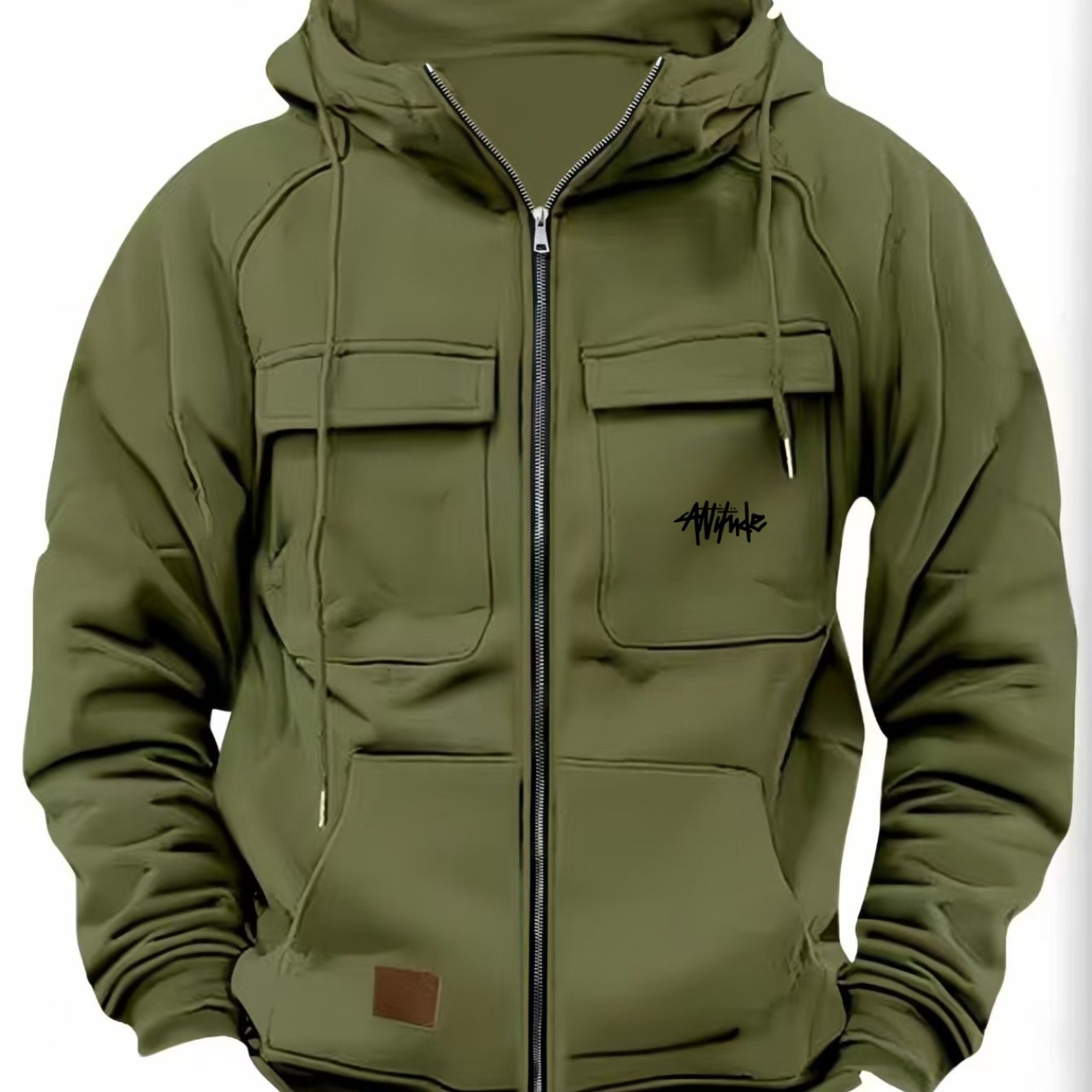 TEMU Men's Heavy-duty Wear-resistant Functional Workwear Hooded Jacket, Full-zip Double Chest , Loose Long-sleeve Open Front Coat For Construction