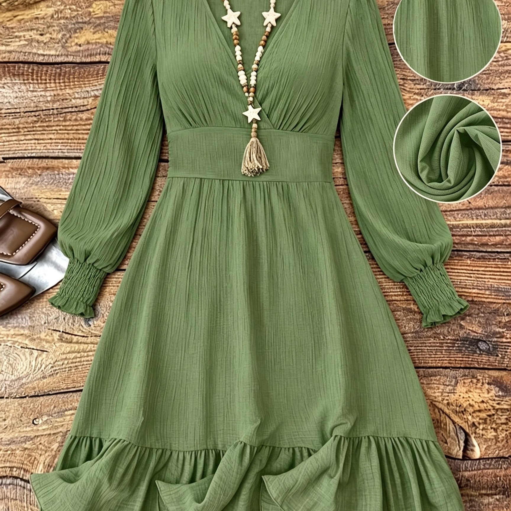 TEMU Autumn Easy Solid Color V-neck Tie-front Long Sleeve Dress Women