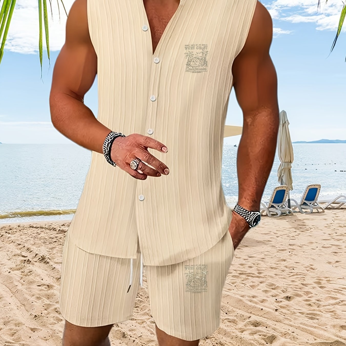 TEMU Ensemble 2 pièces 2026 pour homme : T-shirt manches à col et rayures jacquard / T-shirt Henley décontracté manches pour vacances aux îles et