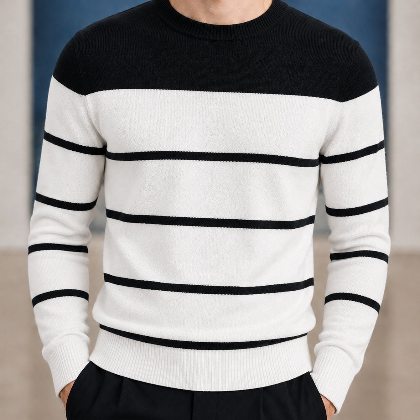 Image of Aw26 's Color-block Striped Crew Neck Knit Sweater, Breathable Long Sleeve Slim Fit Thin Sweater, Versatile For Business Casual And Commuting, Suitable As A Base Layer
