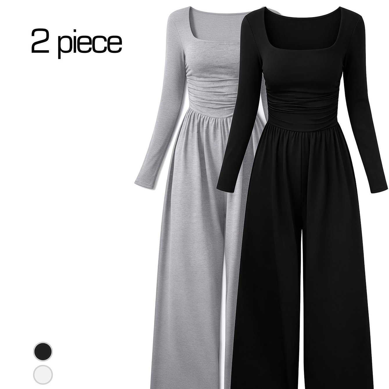 TEMU Women's 2pcs Set: Solid Color Jumpsuit With Neckline, Long Sleeves, And Wide Legs - Stylish, Comfortable, Simple, And Versatile - Suitable For