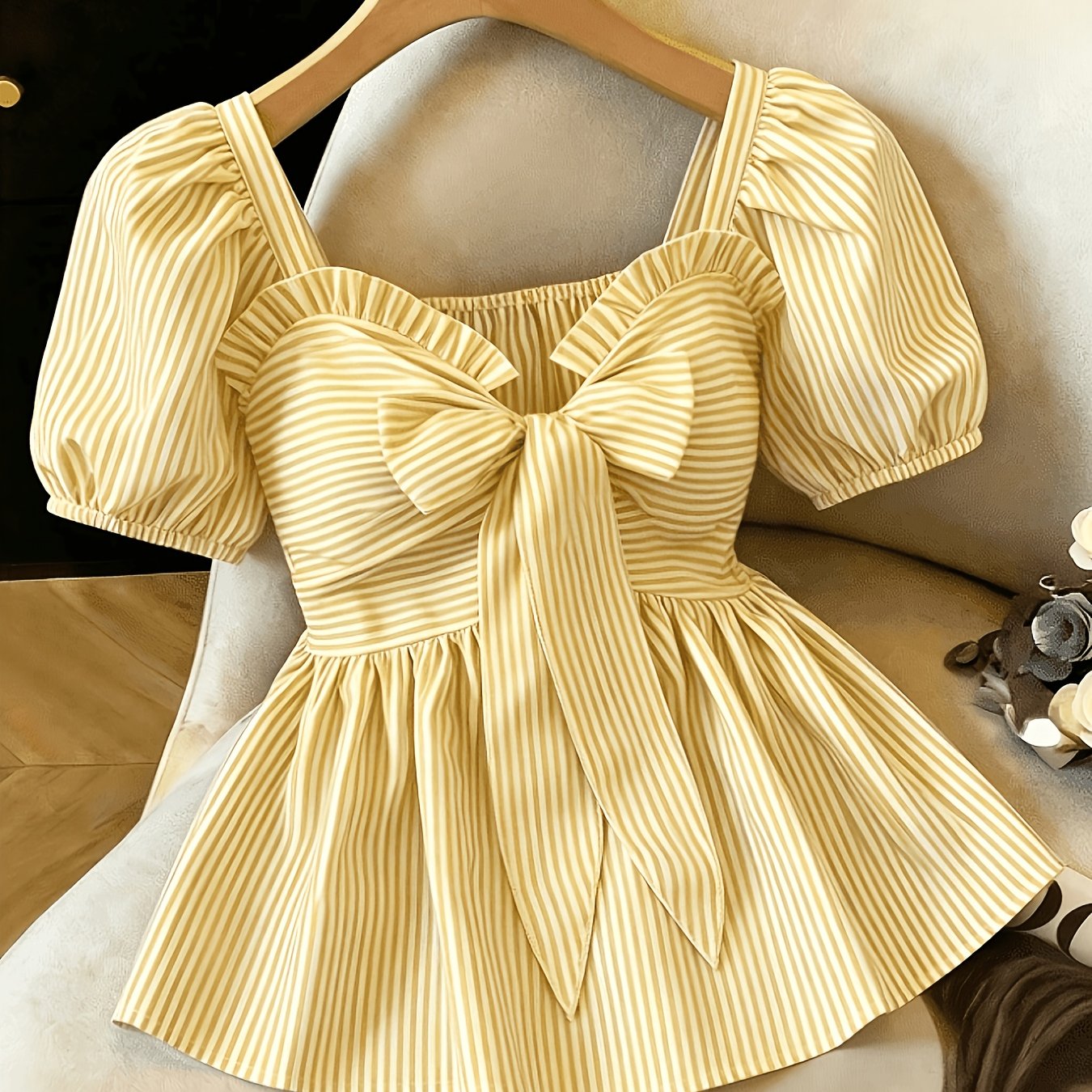 TEMU Women's Striped Shirt/top, Front Tie Design, Puff Sleeves, Waist Cinching, Flared Hem, Casual/work/vacation