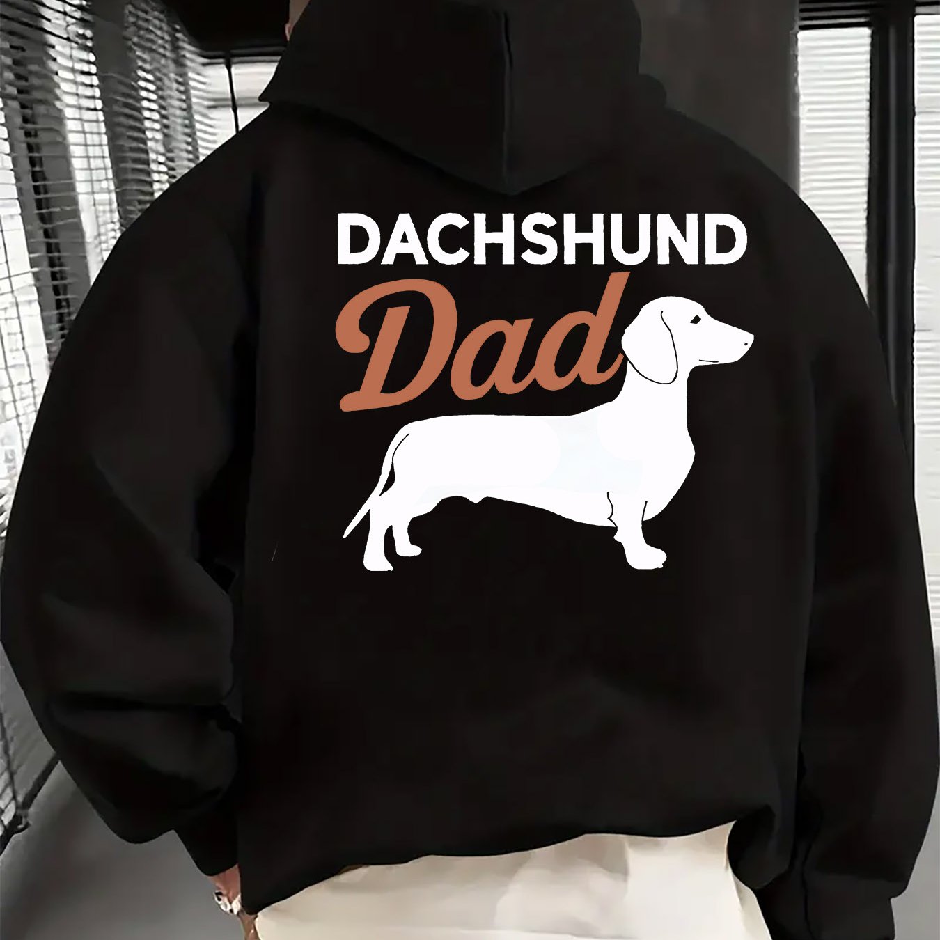 TEMU Men's Casual Hoodie "dachshund Dad Silhouette Logo" Back Print Long Sleeve Pullover With Front Pocket, Machine Washable, Warm Autumn/winter