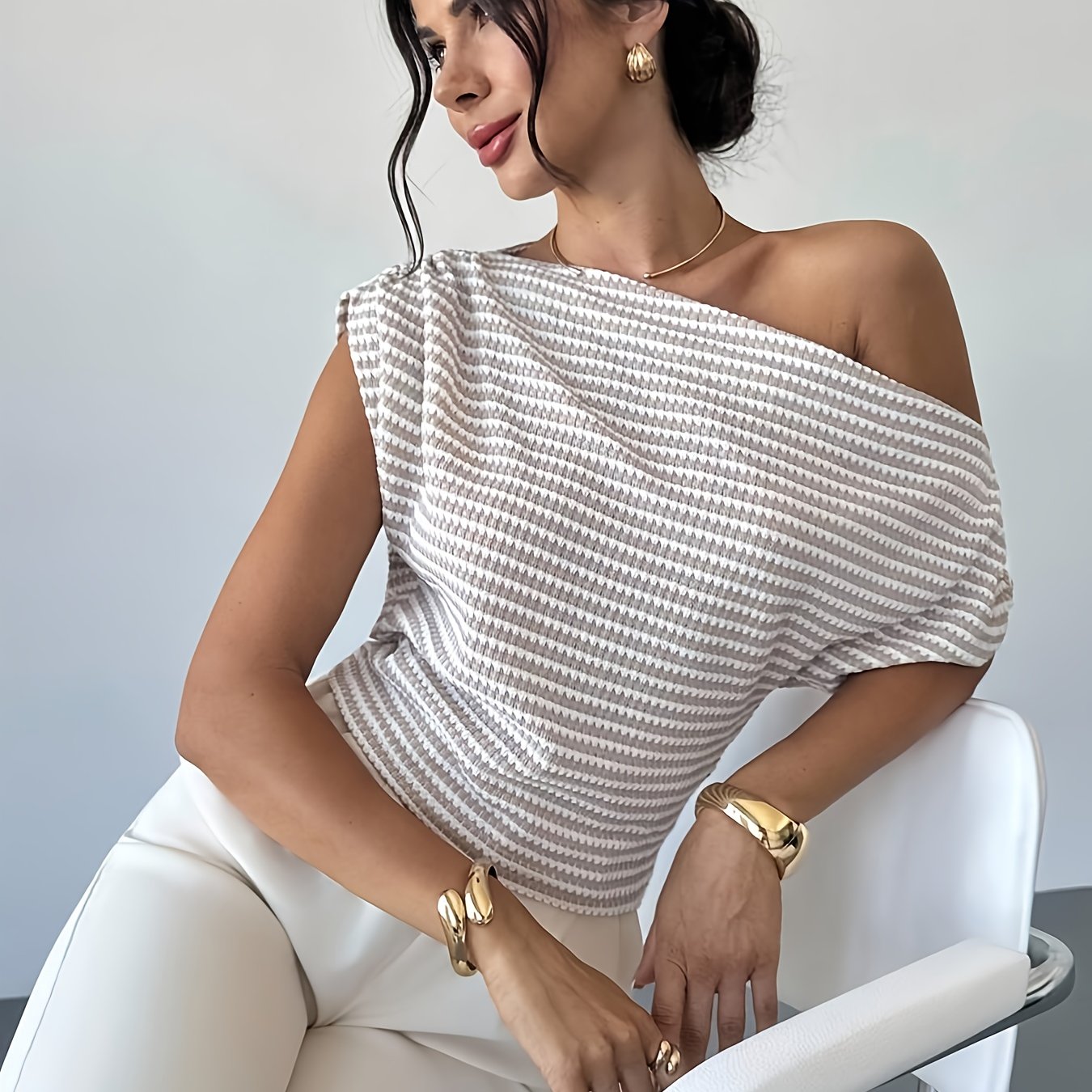Women's Textured Striped Asymmetrical Neck Batwing Sleeve T-shirt Top