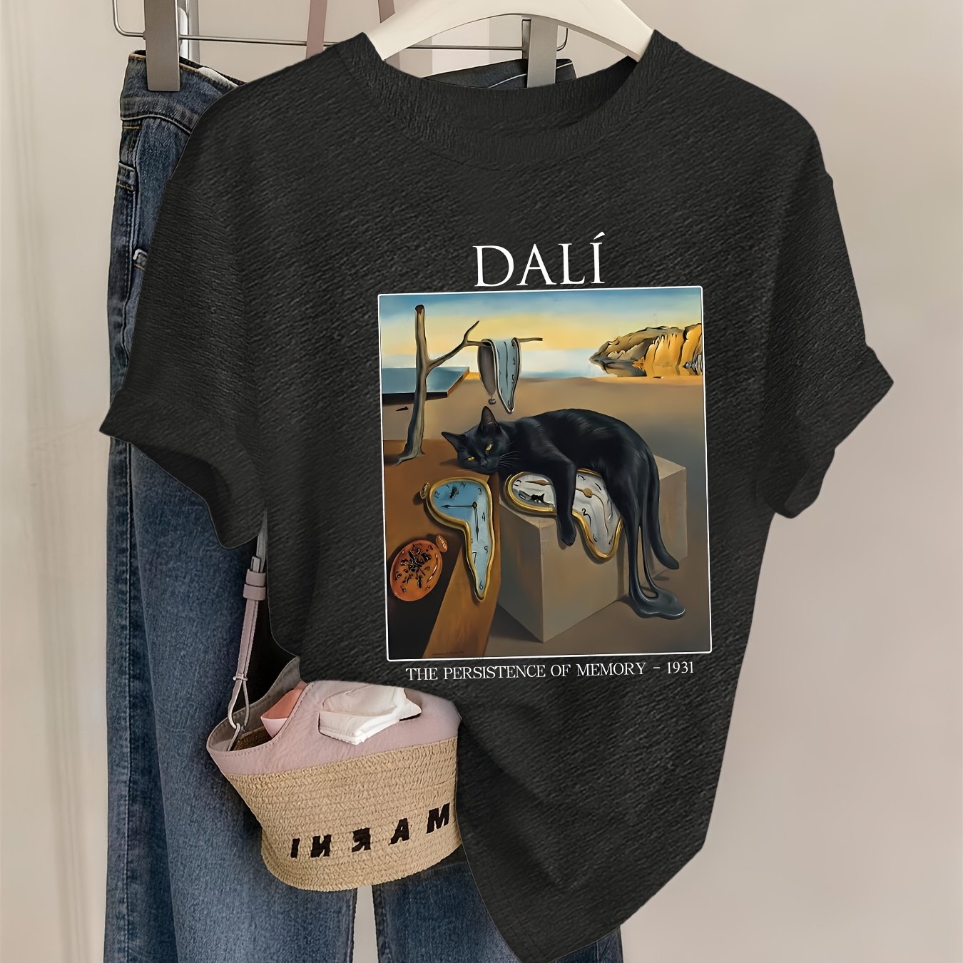 TEMU 's In Memory, Black Cat, Art Elements Printed Women's Spring And Summer Clothing, Combined Version Round Neck T-shirt, Suitable For Daily