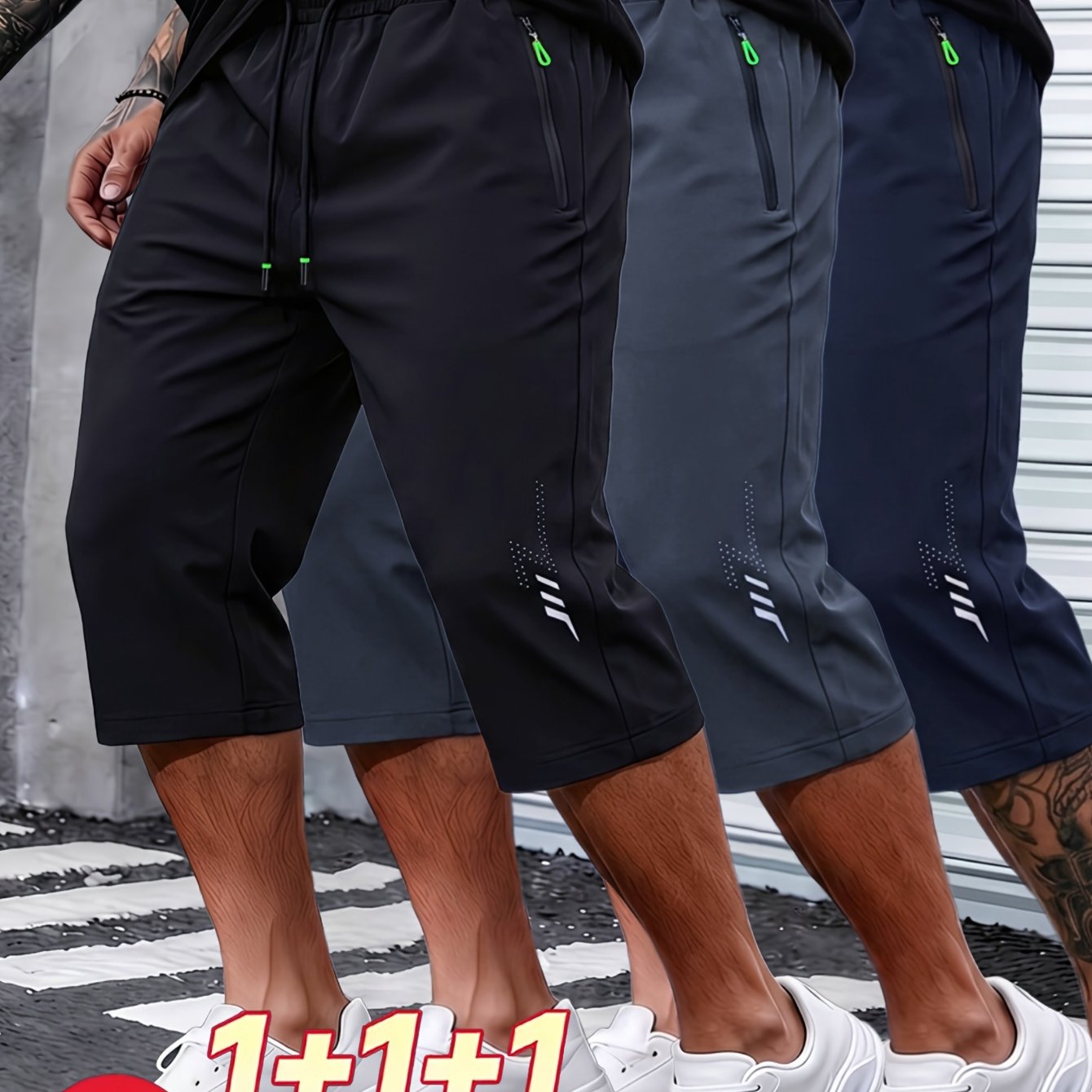 TEMU 3pcs Men's Summer Athletic Capri Pants - Lightweight Breathable, Solid With Side Zipper And Drawstring, Ideal For Beach, Pool, And Outdoor