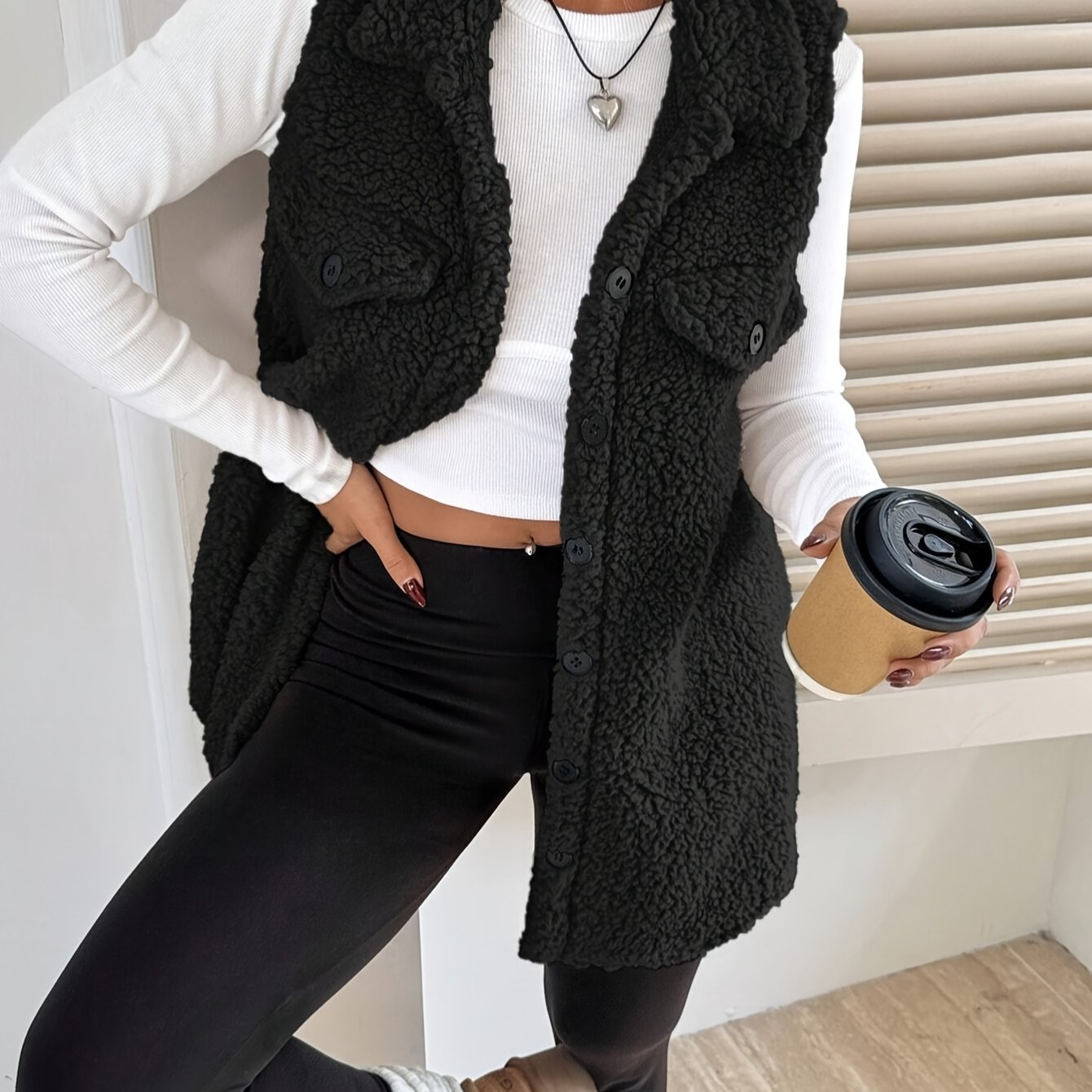 TEMU Autumn And Women's Vest, Early Autumn New Sleeveless Notched Collar Jacket With Pockets, Flannel Teddy Bear Mid-length Vest, Elegant Faux Vest,