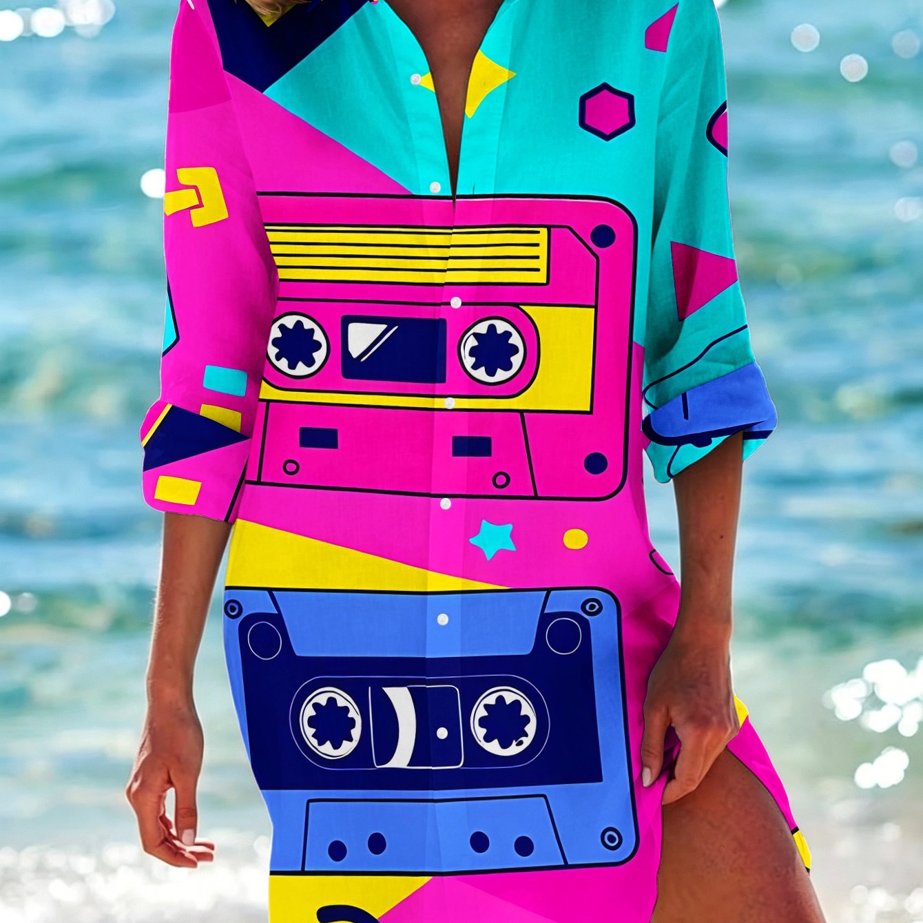 TEMU Women's Casual Colorful Printed Design Long Sleeve Shirt Dress, Retro Cassette Tape Music , Patterned Long Sleeve Casual Vacation Dress, Machine