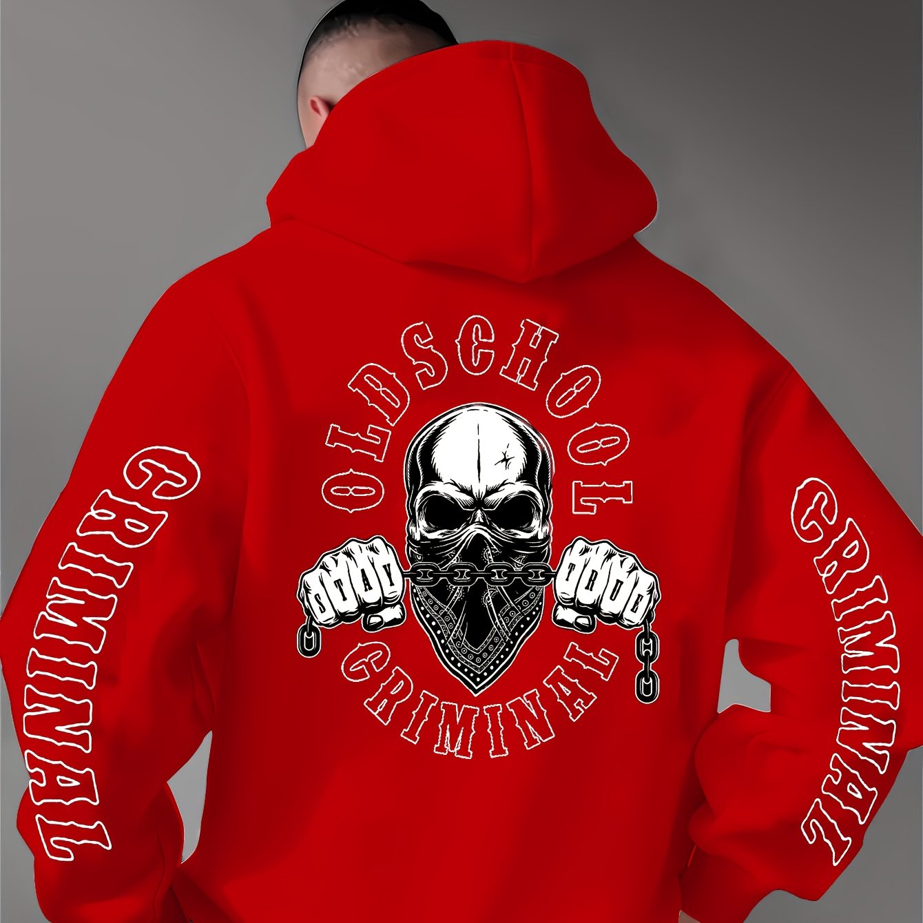 TEMU Men's Streetwear Black Hoodie, Polyester Material, Relaxed Fit, Skull & 