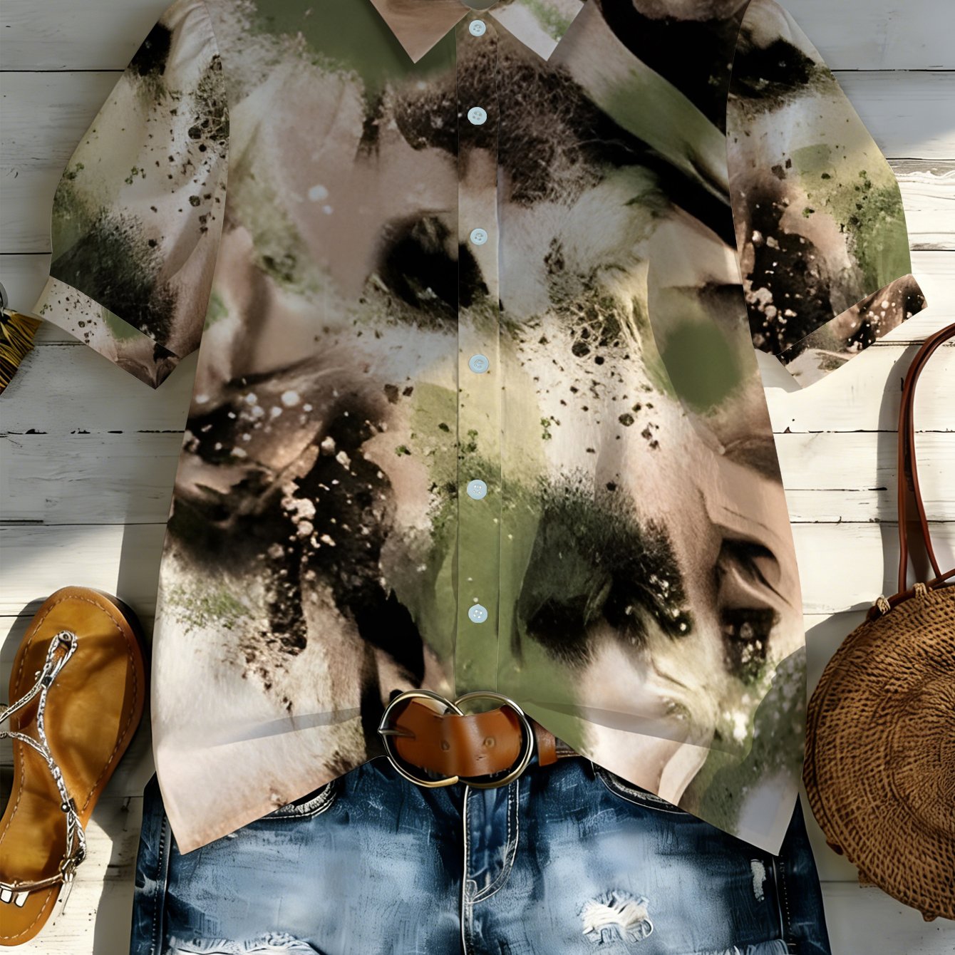 TEMU 1pc Short Sleeve Button-up Shirt - Abstract Green & Brown Splatter Button-front Blouse, Lightweight Breathable Full-body Print Collar Shirt