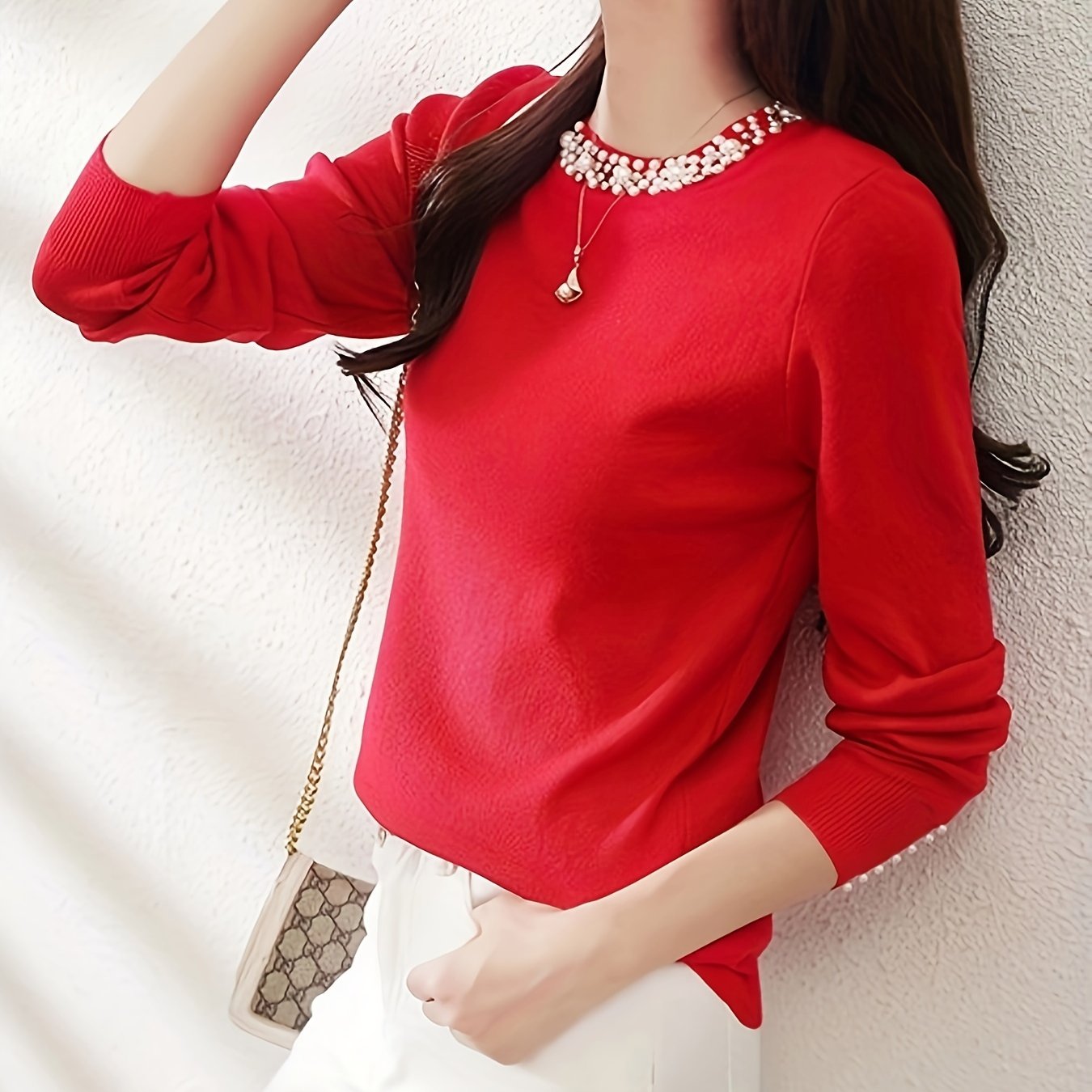 TEMU 2024 Autumn/winter New Long-sleeve Solid Color Beaded Base Shirt For Women, Casual Short Top Knitted Sweater For Ladies.
