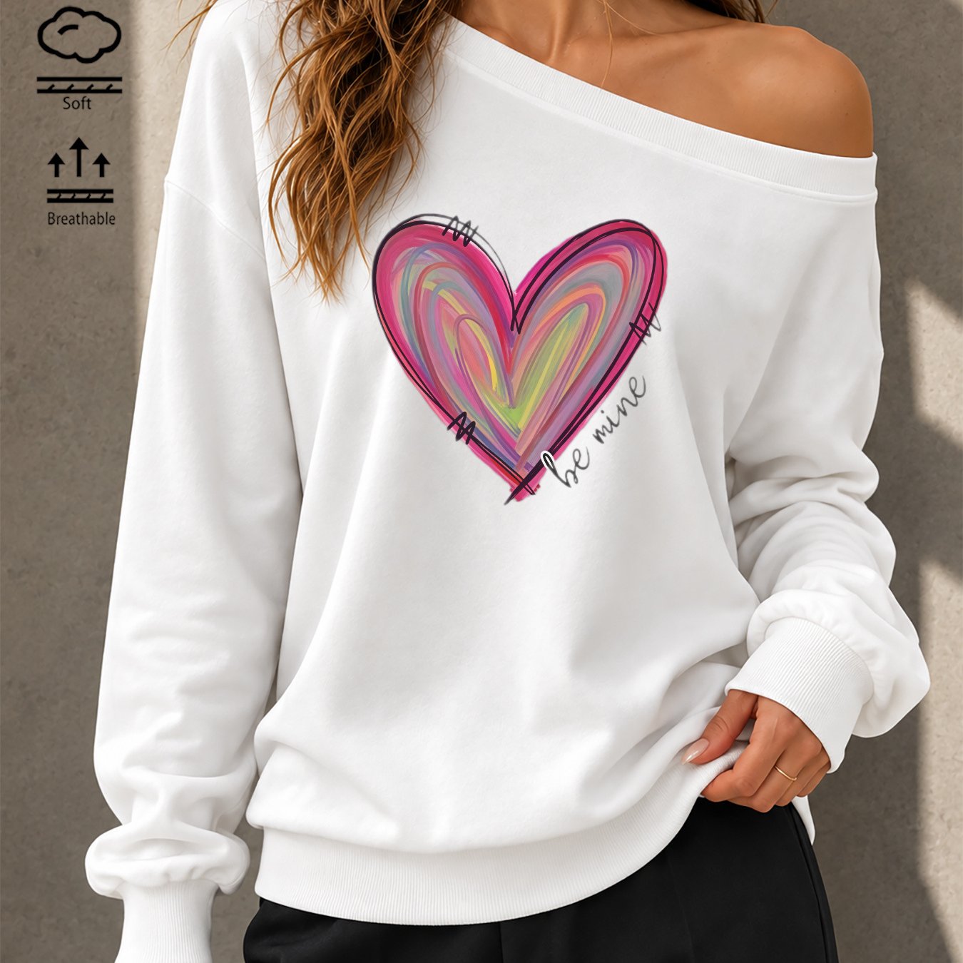 Image of Autumn Women's Asymmetric One-shoulder Long-sleeve Y2k Sweatshirt With Colorful Gradient Heart Print, Casual Loose Pullover Outerwear