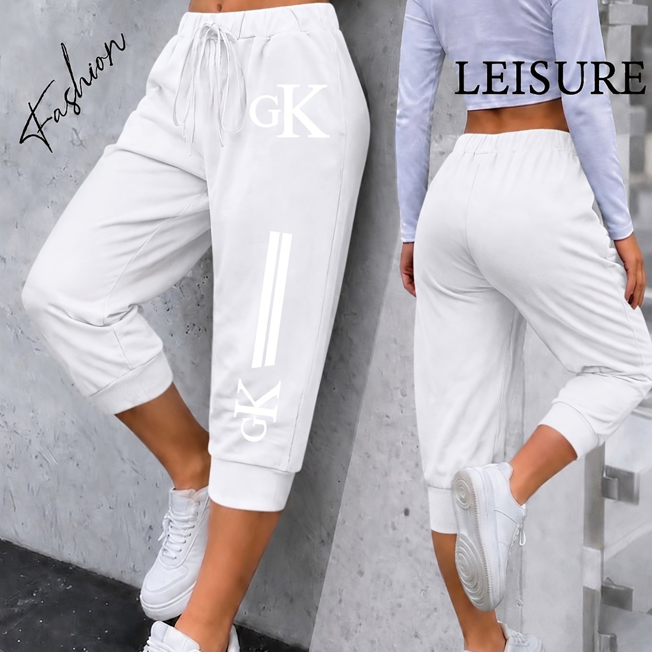 TEMU Plus Size - New Women's Plus Size 3/4 Length Wide-leg Harem Pants, Loose Casual Elastic Waist Mid-length Trousers With Print, Home Vacation