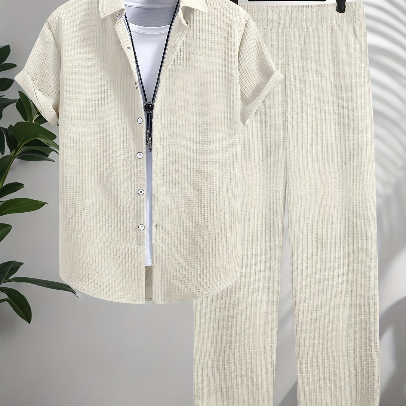 TEMU Men's Summer Fashion Checkered Easy Casual Collared Short Sleeve Shirt And Solid Color Long Pants Set