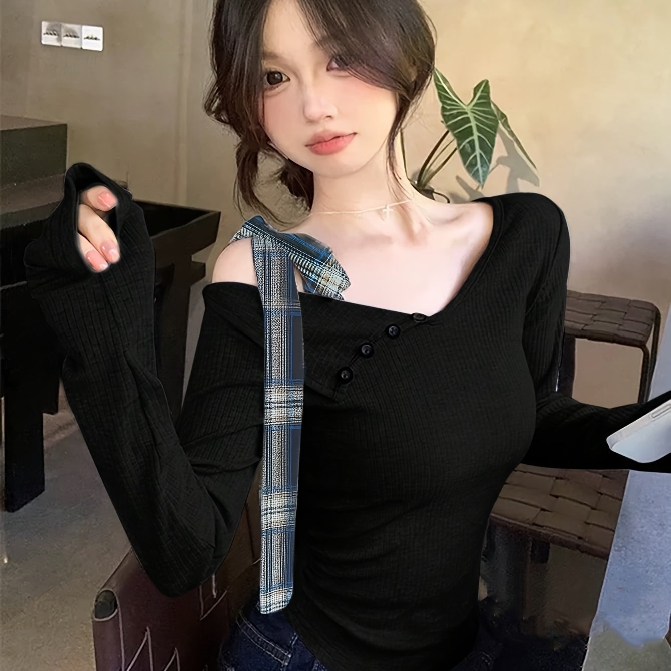 TEMU 여성용 불규칙 리본 오프숄더 스웨터 슬림핏 베이스 레이어 긴팔 탑