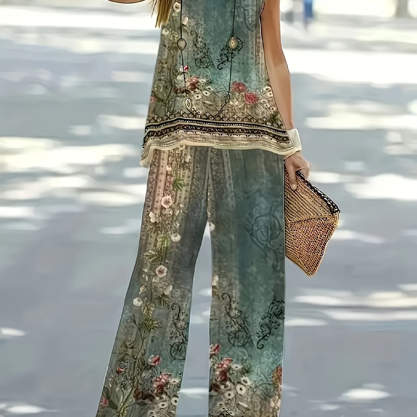 E-shop Damen 2-teiliges Set mit ärmellosem Tanktop mit Blumendruck, Rundhalsausschnitt lockerer langer Hose mit geradem Bein für Frühling/Sommer