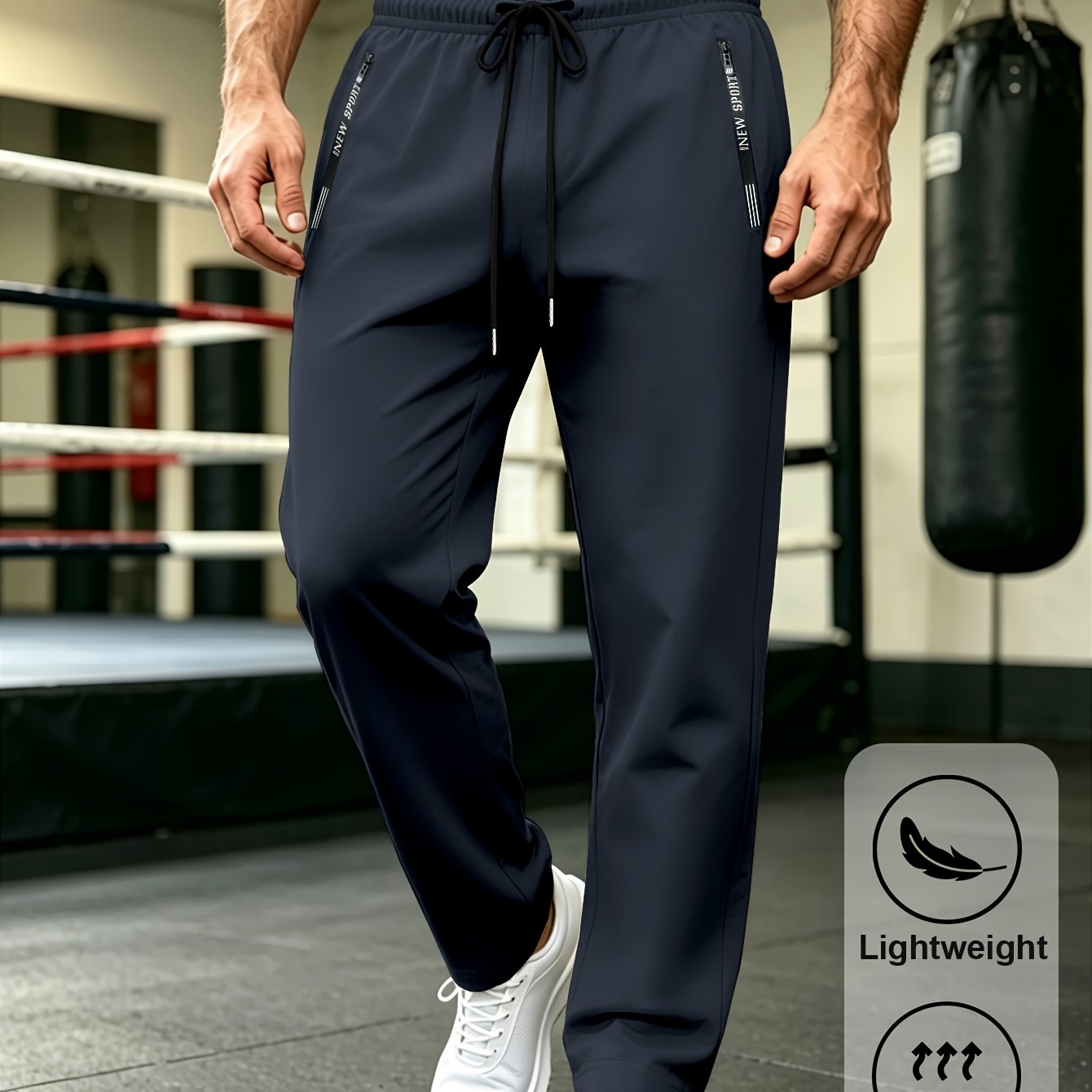 TEMU Men's Stretch Casual Pants With Zipper Pockets, Elastic Waistband, And Breathable Fabric. Suitable For Running, Fitness, Heavy Sweating, Casual