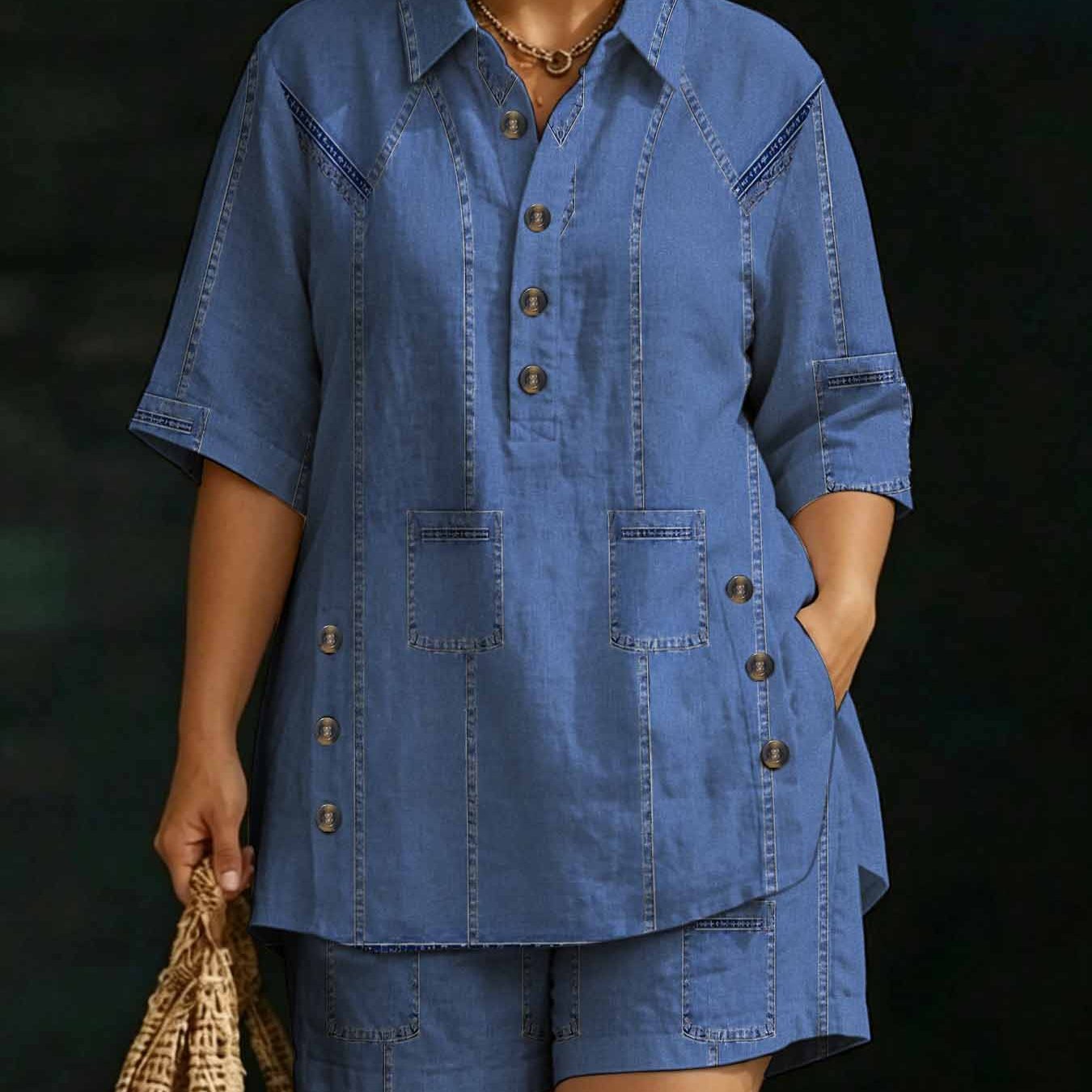 Image of Plus Size, [printed Pants - Not Denim Fabric] Plussize Women's Twopiece Denim , Bohemian Chic Casual Pocket Shirt And Shorts Set, Comfortable Everyday Outfit For Beach And Travel.