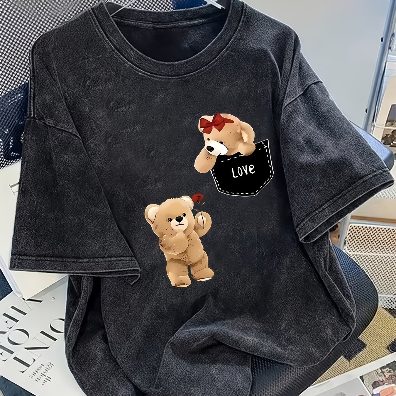 TEMU Women's Casual Short Sleeve T-shirt With Cute Bear Print - Spring Summer Round Neck Blouse-compatible Top Suitable For Daily Wear, Outfits,