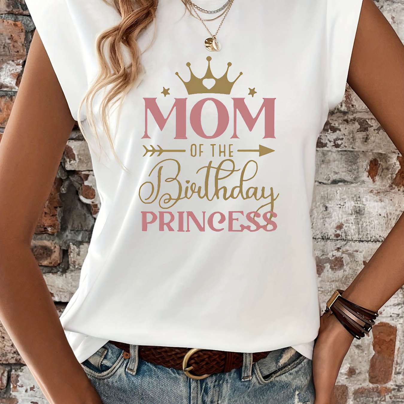 TEMU Birthday Themed 'mom Of The Birthday Princess' Crown Graphic Print T-shirt, Short Sleeve Crew Neck Casual Top For Summer And Spring, Women's