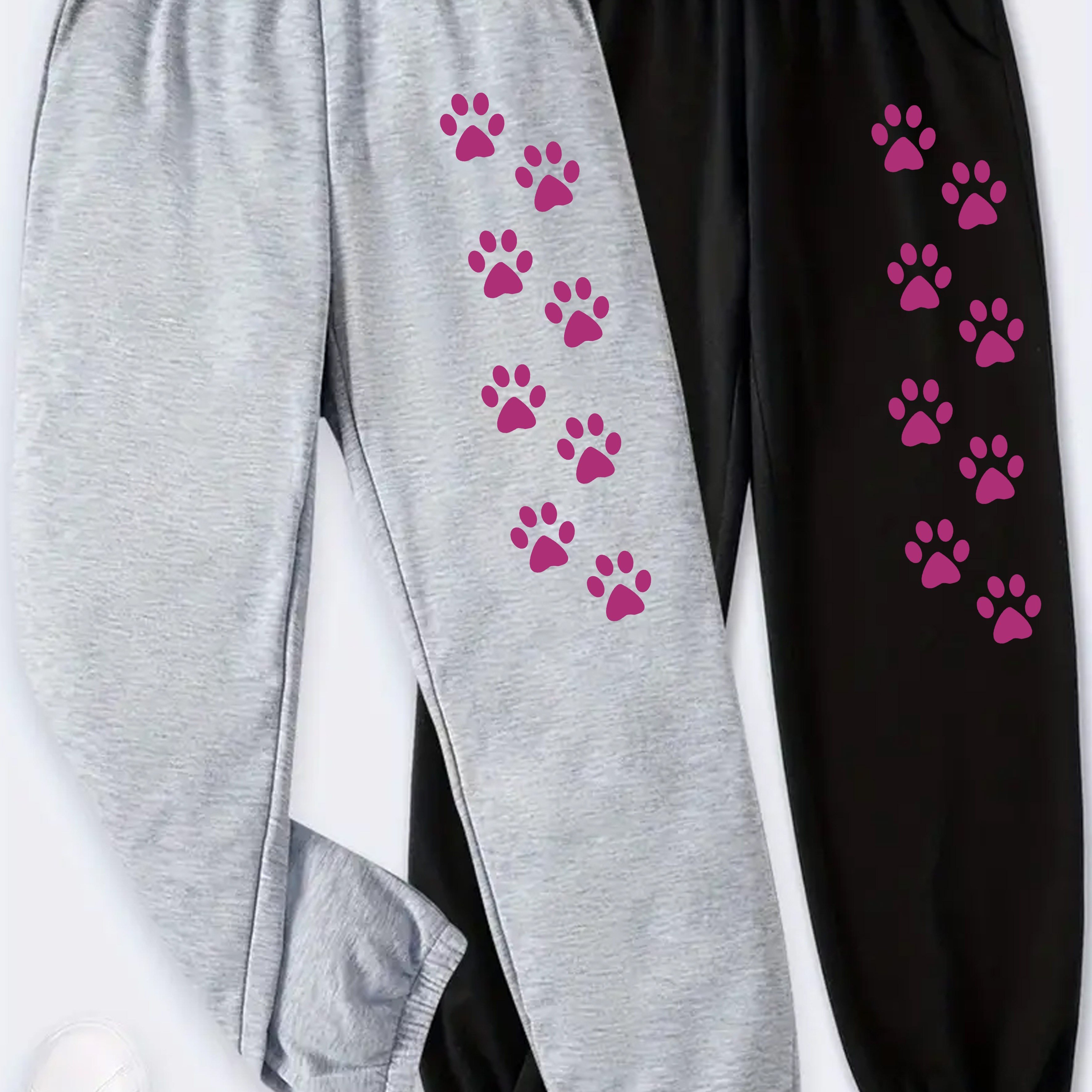 TEMU Two-pack Of One-row Cat Paw Print Exquisite Print Elastic Polyester Outdoor Sports Jogging Pants, Waistband With Elastic, With Elastic, Loose