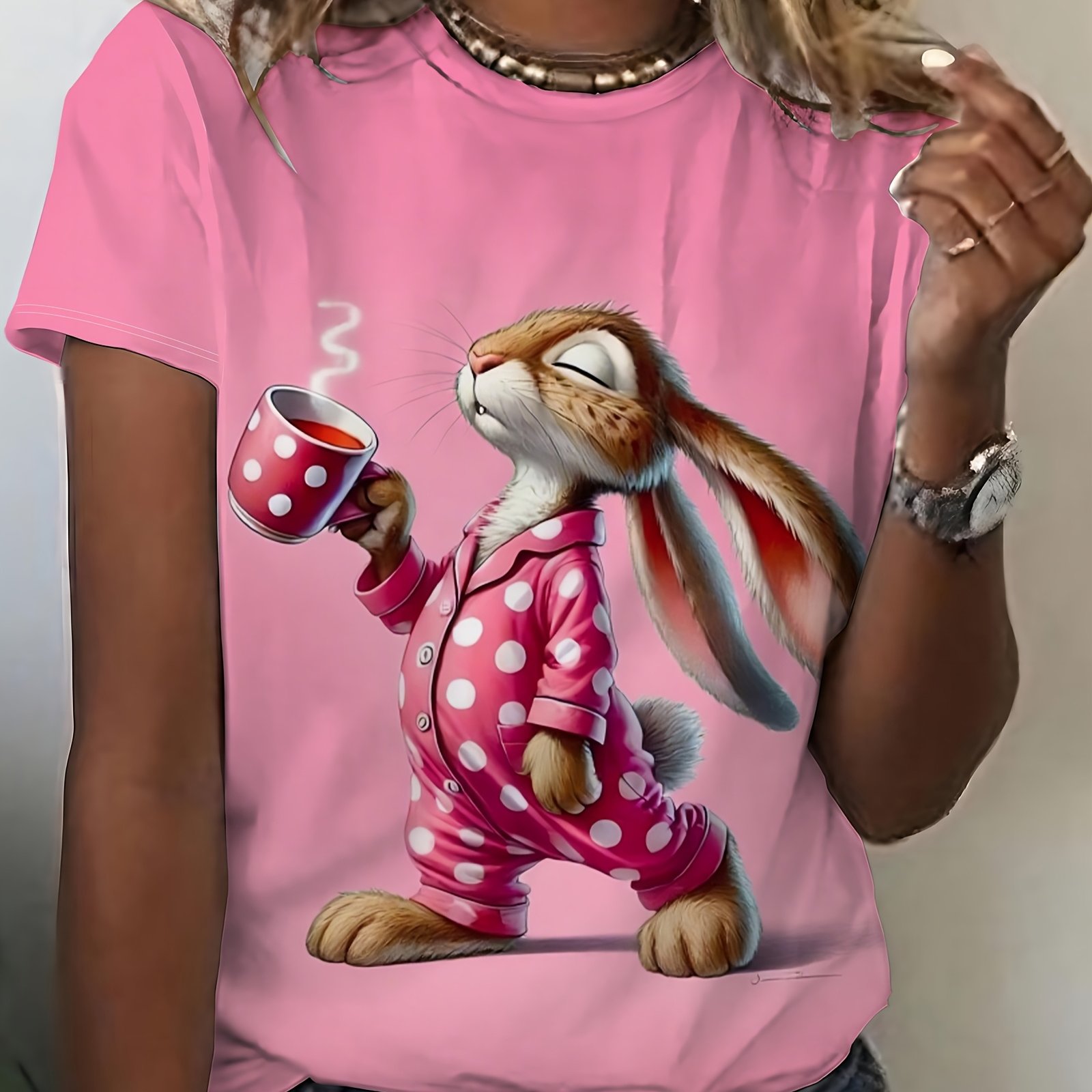 Image of Polka Dot Sleepwear Rabbit Pattern Short Sleeved Top, Women's Fashionable Top, Women's Summer Casual Sportswear, Women's Round Neck Top