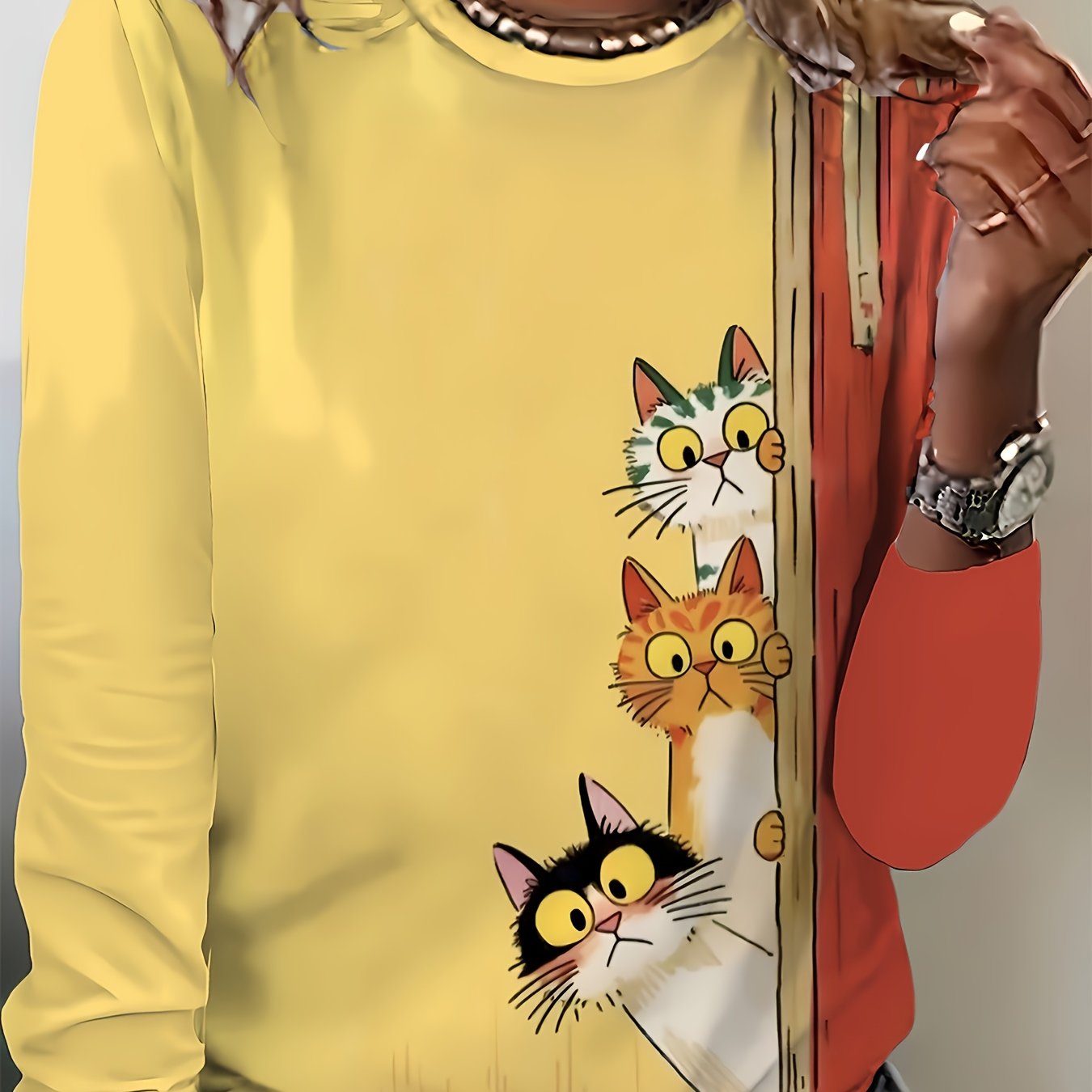 TEMU Women's T-shirt: Print Of 3 Kittens, Color Block , Stretchy Crew Neck. Casual Stylish, Ideal For Trendy Women's Summer Wear. Comfortable Fabric,